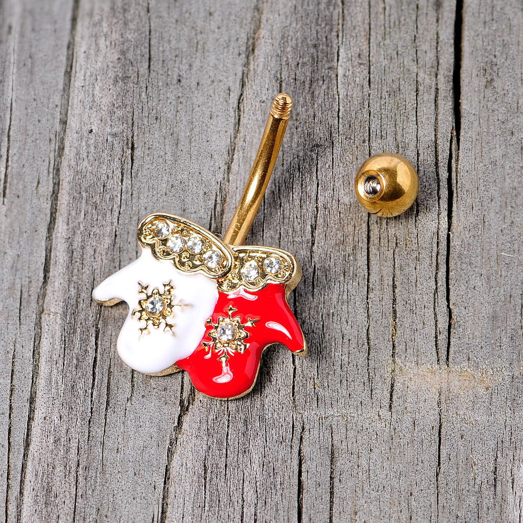 BodyCandy Clear Gem Gold Tone Winter Mittens Snowflake Christmas Belly Ring — back view