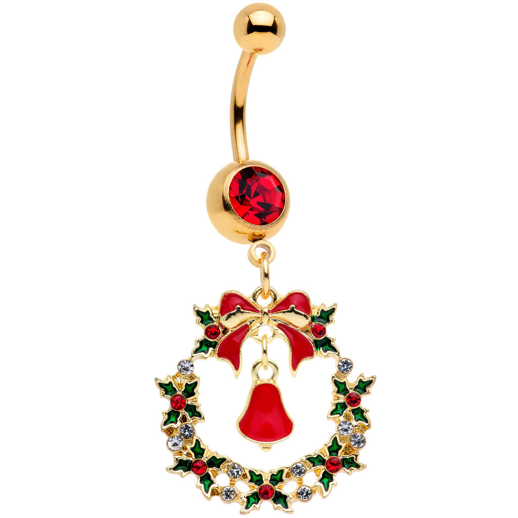 BodyCandy Red Gem Gold Tone Holiday Bell Wreath Christmas Dangle Belly Ring — main product shot