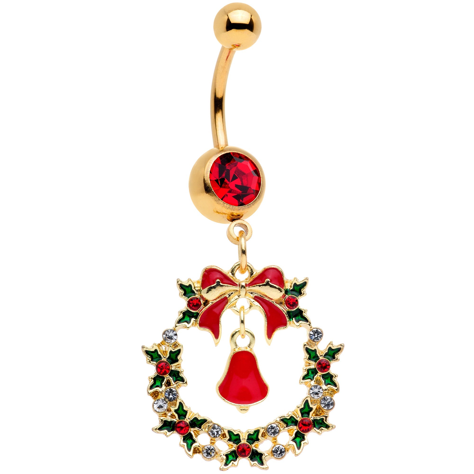 BodyCandy Red Gem Gold Tone Holiday Bell Wreath Christmas Dangle Belly Ring — main product shot