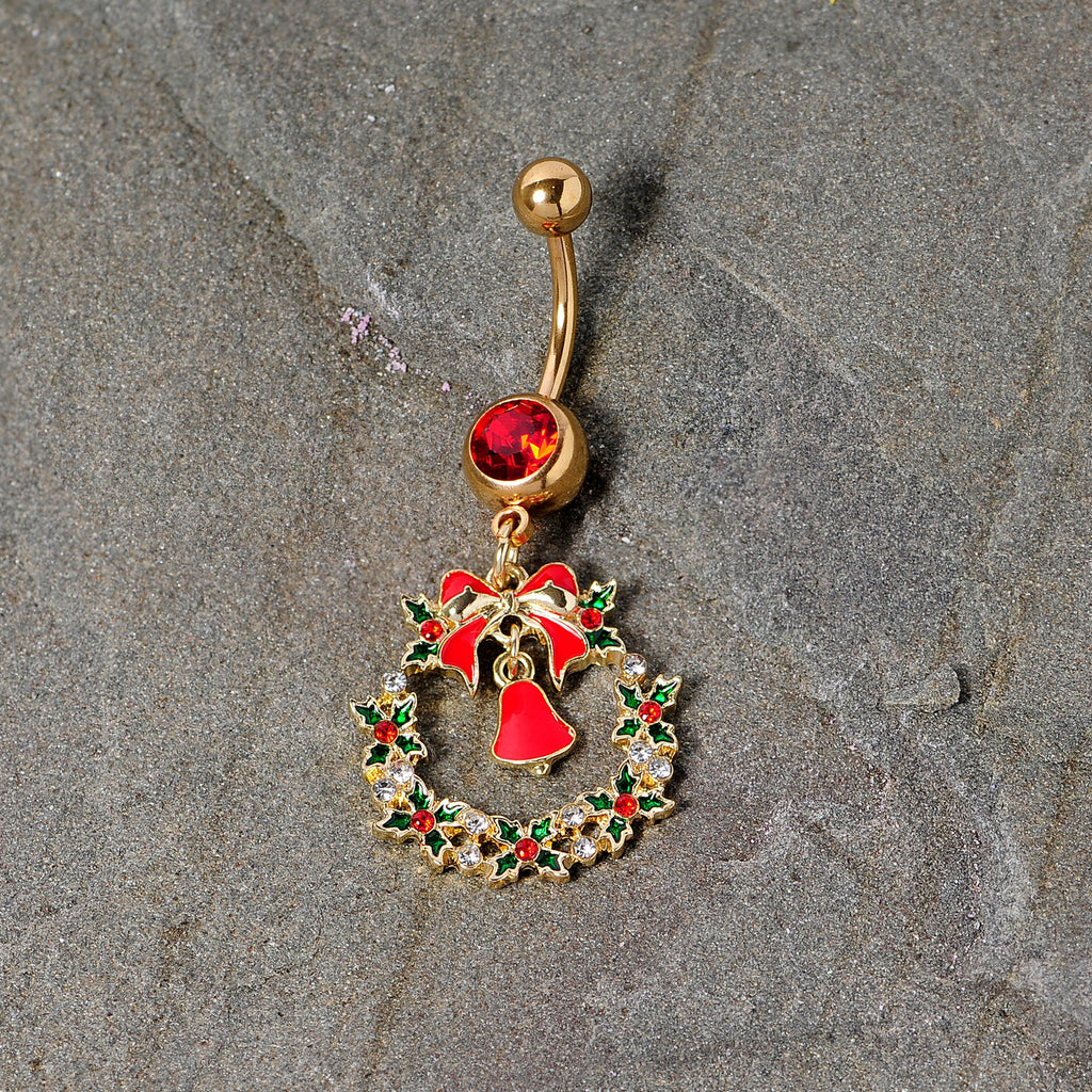 BodyCandy Red Gem Gold Tone Holiday Bell Wreath Christmas Dangle Belly Ring — detail close-up