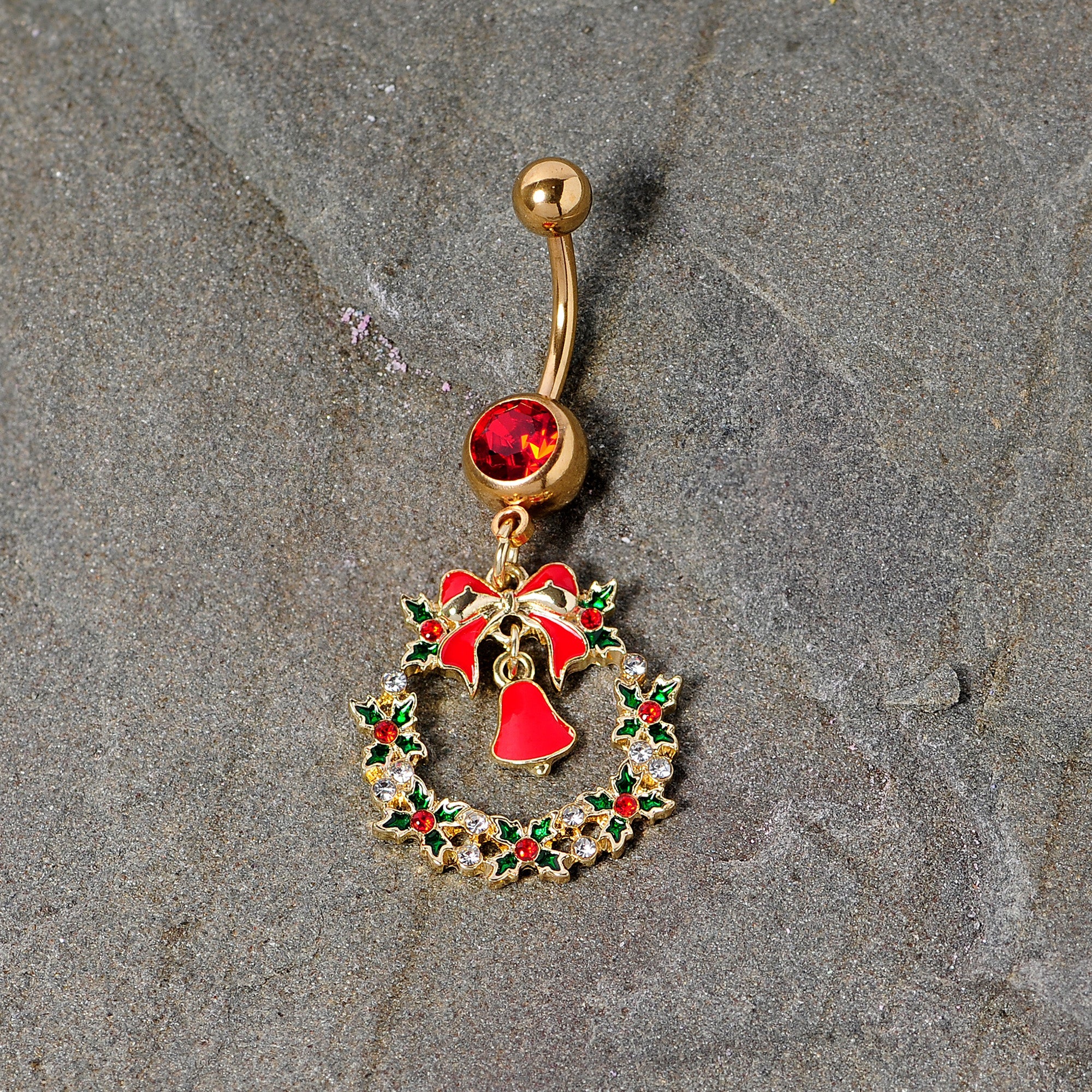 BodyCandy Red Gem Gold Tone Holiday Bell Wreath Christmas Dangle Belly Ring — detail close-up