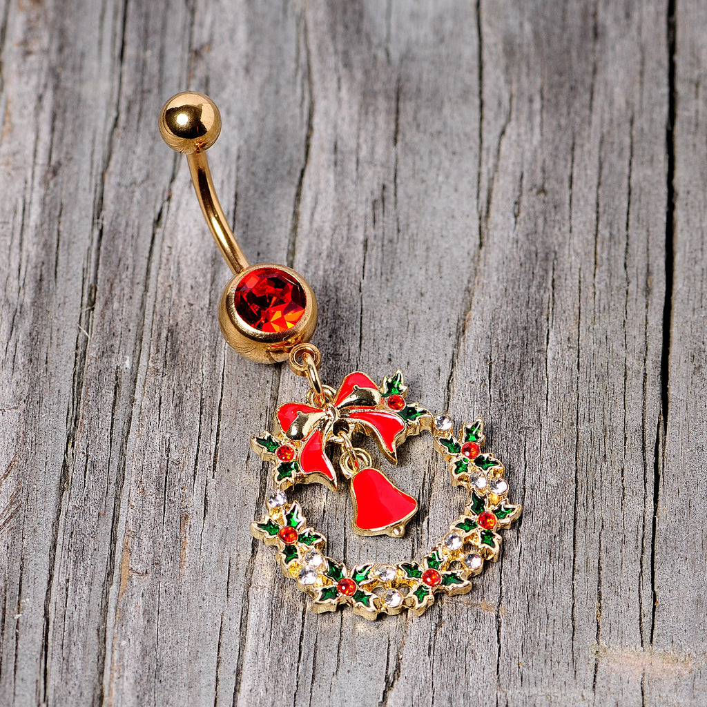 BodyCandy Red Gem Gold Tone Holiday Bell Wreath Christmas Dangle Belly Ring — lifestyle context