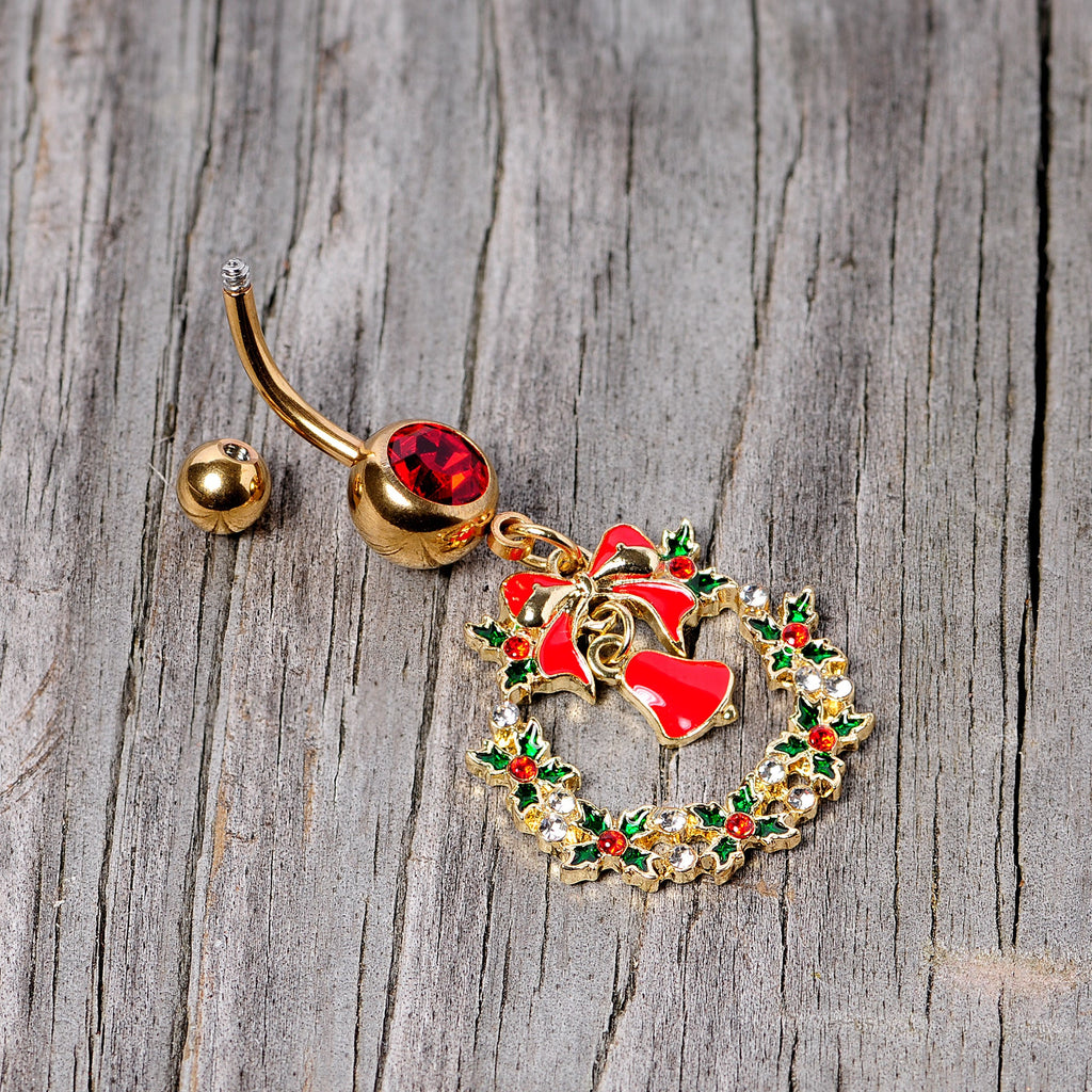 BodyCandy Red Gem Gold Tone Holiday Bell Wreath Christmas Dangle Belly Ring — side view