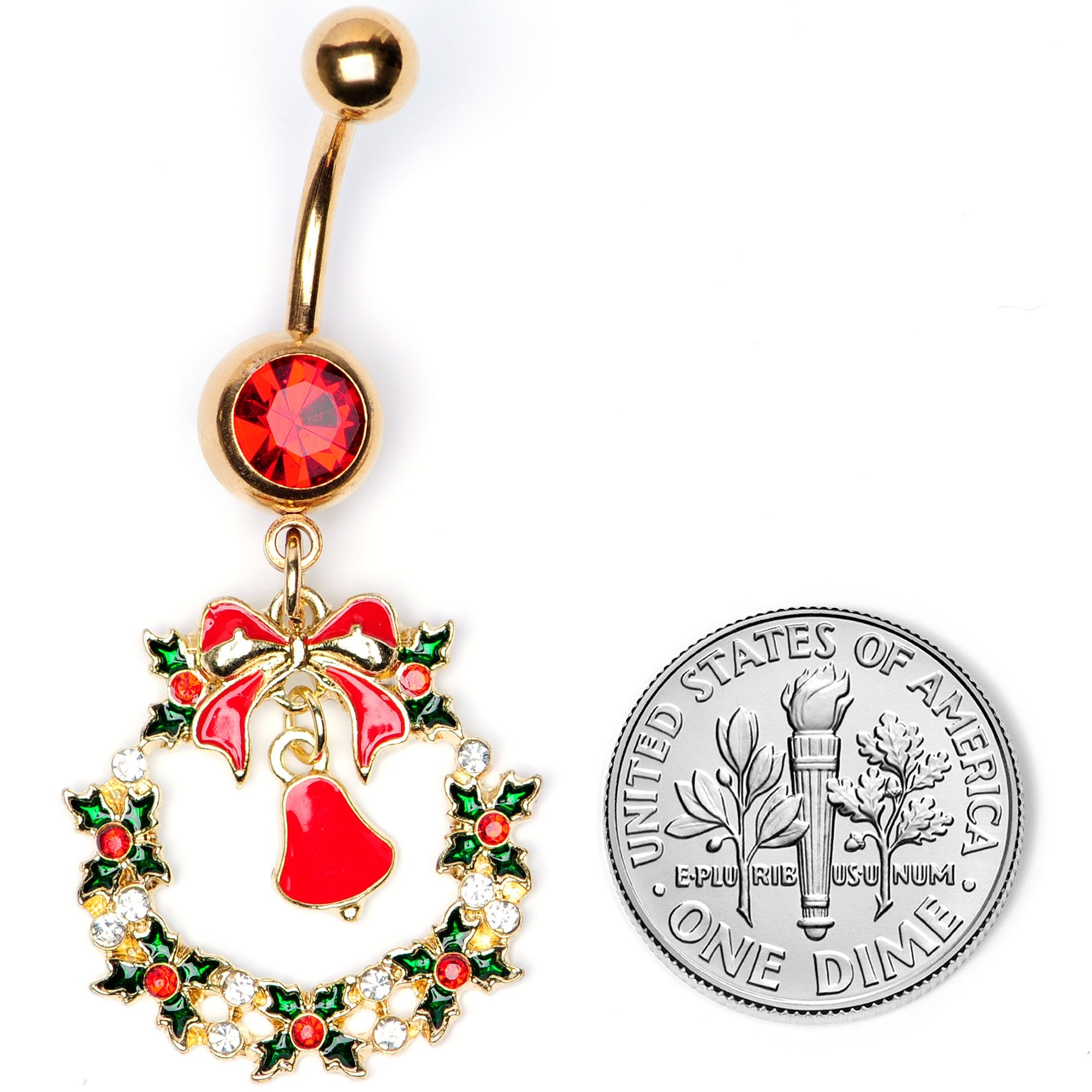 BodyCandy Red Gem Gold Tone Holiday Bell Wreath Christmas Dangle Belly Ring — back view