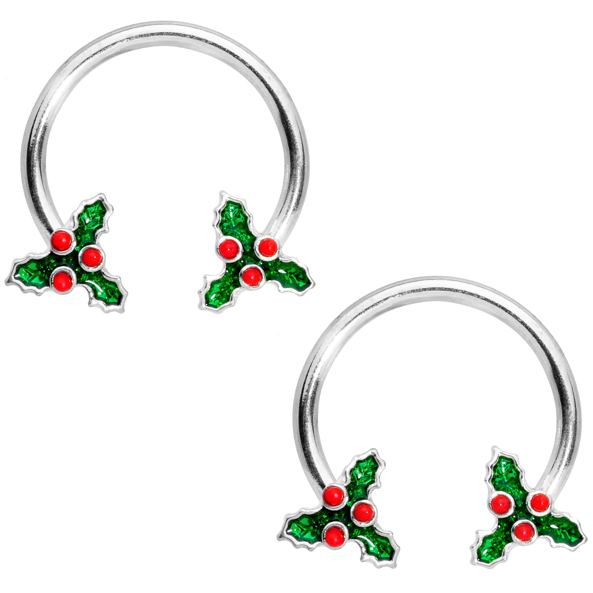 BodyCandy 14G 9/16 Holly Christmas Horseshoe Nipple Ring Set — main product shot
