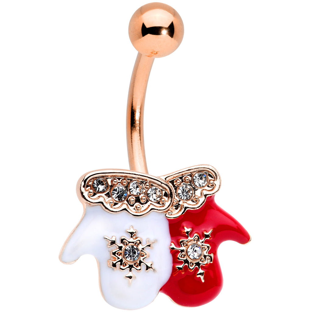 BodyCandy Clear Gem Rose Gold Tone Winter Mittens Snowflake Christmas Belly Ring — main product shot