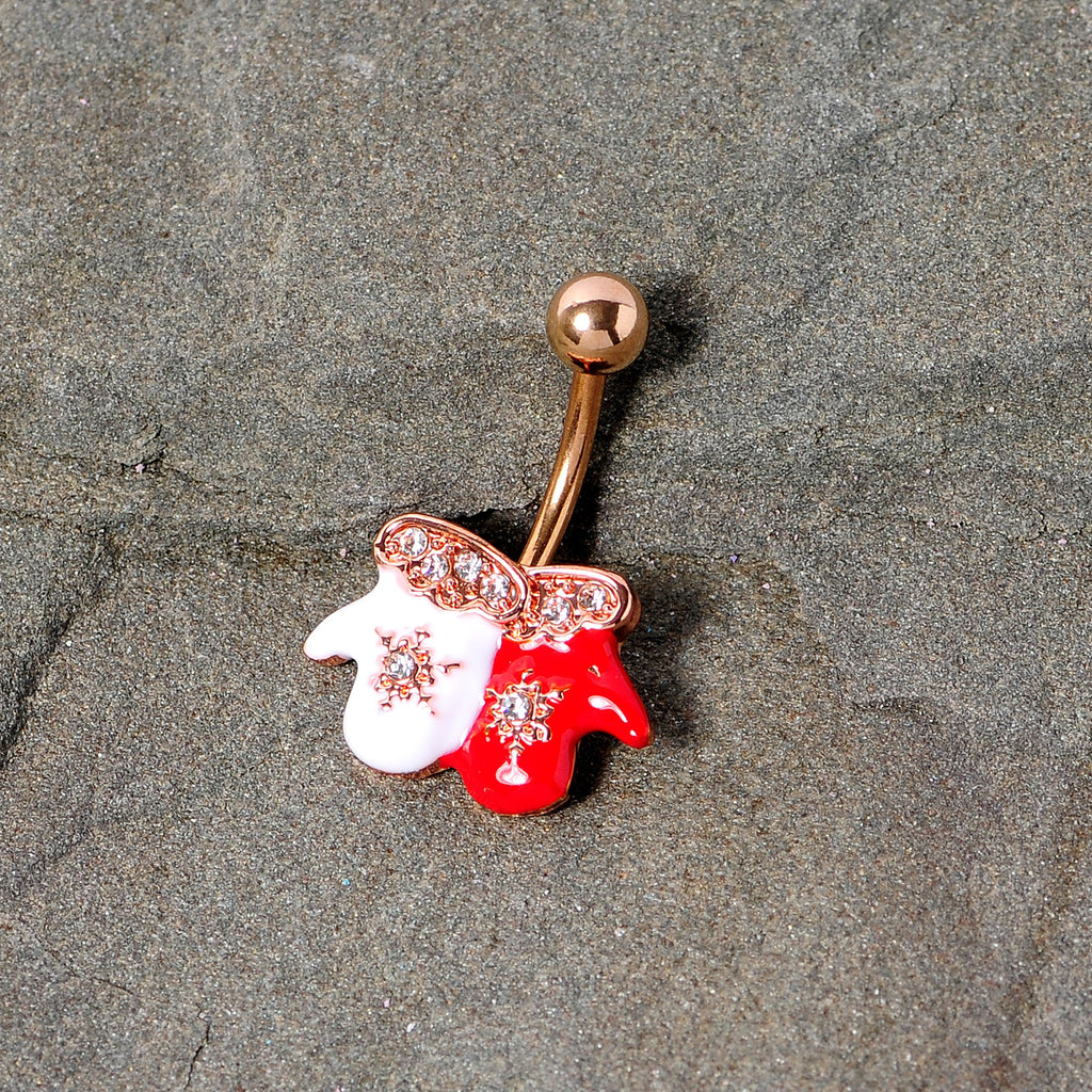 BodyCandy Clear Gem Rose Gold Tone Winter Mittens Snowflake Christmas Belly Ring — lifestyle context