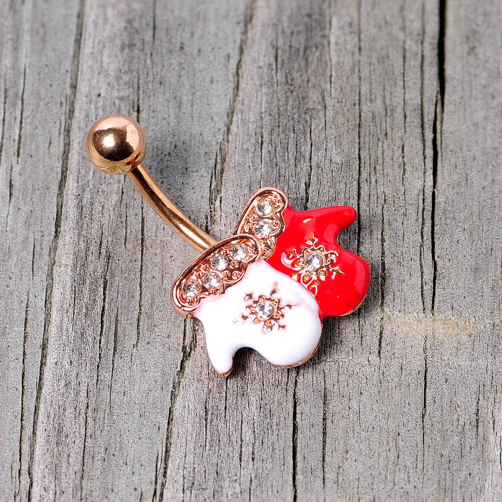 BodyCandy Clear Gem Rose Gold Tone Winter Mittens Snowflake Christmas Belly Ring — side view