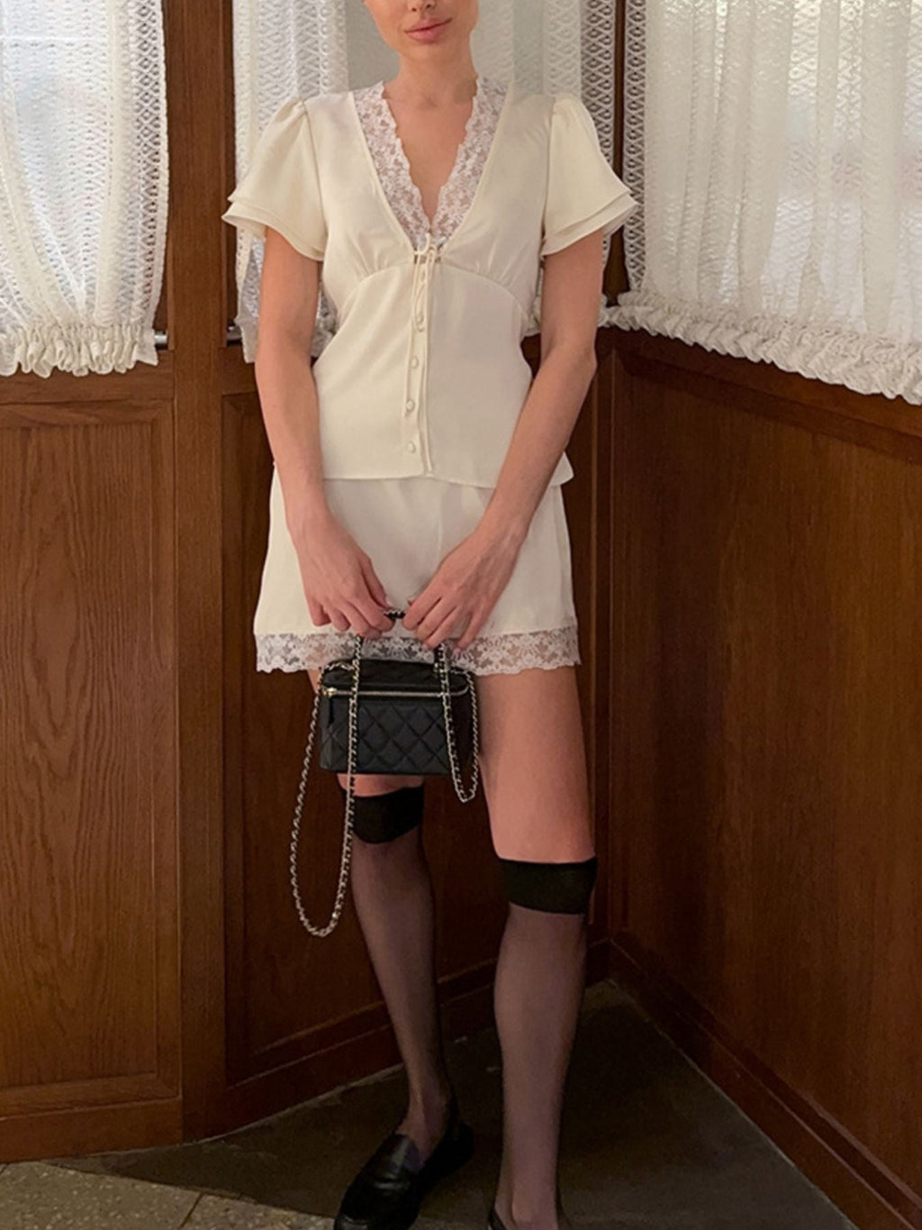 Lace Trimmed Top and Skirt Two-Piece Set