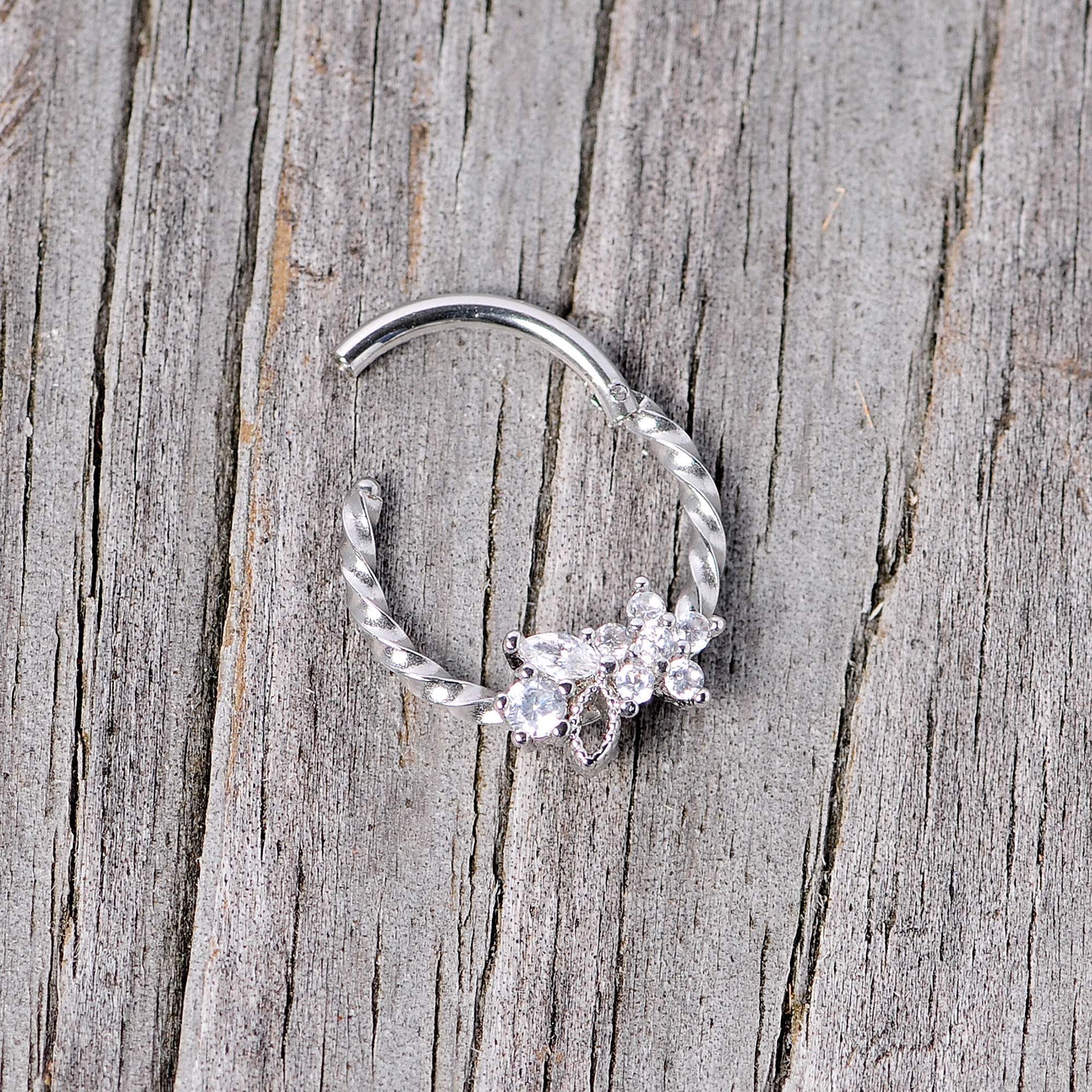 BodyCandy 16G 3/8 Clear Gem Star Twisted Hinged Segment Ring — back view