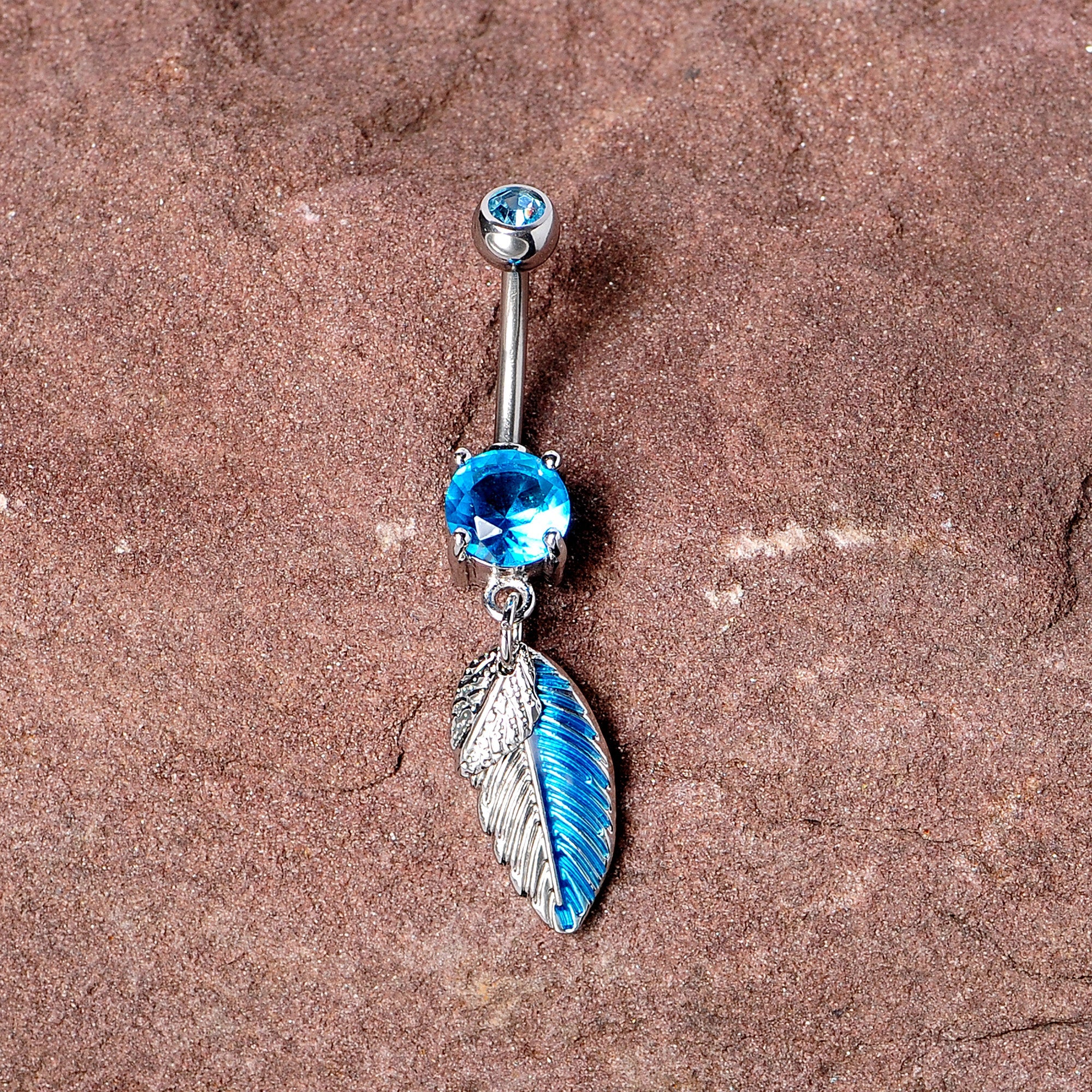 BodyCandy Blue Gem Feathers Southwestern Dangle Belly Ring — detail close-up
