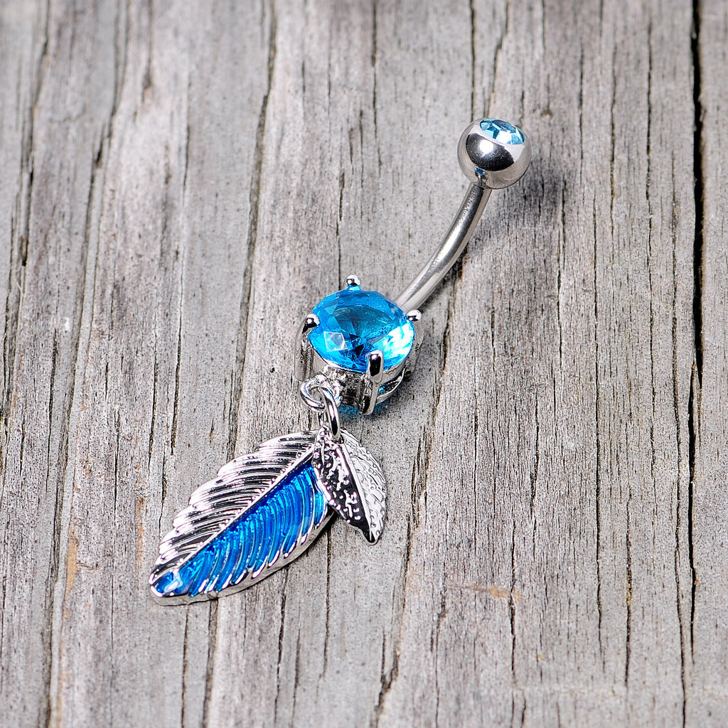 BodyCandy Blue Gem Feathers Southwestern Dangle Belly Ring — side view