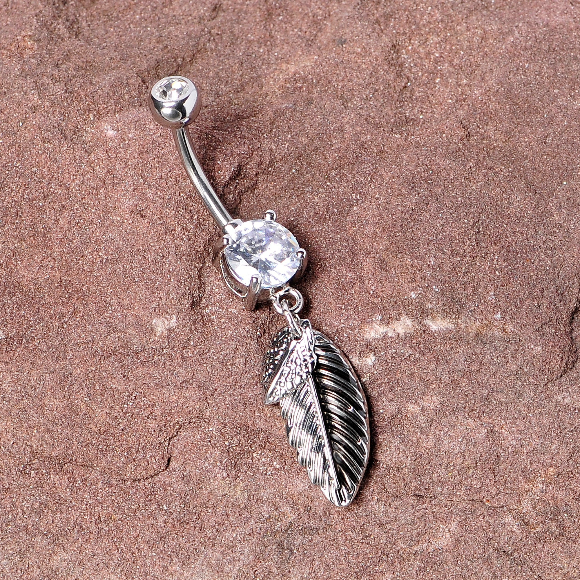 BodyCandy Clear Gem Feathers Southwestern Dangle Belly Ring — side view