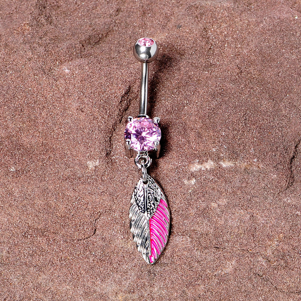 BodyCandy Pink Gem Feathers Southwestern Dangle Belly Ring — detail close-up