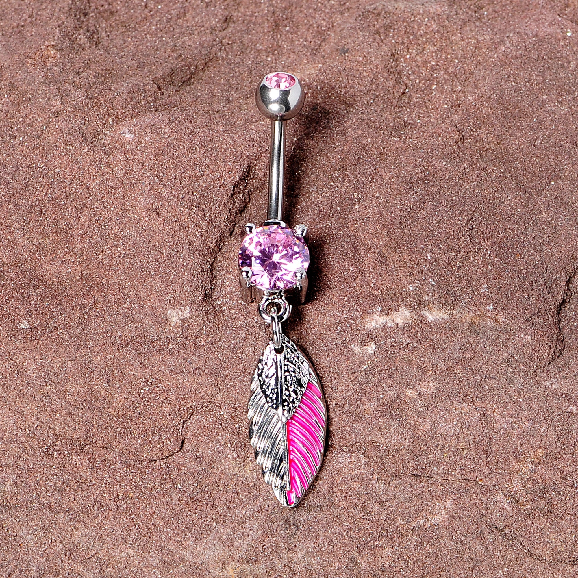 BodyCandy Pink Gem Feathers Southwestern Dangle Belly Ring — detail close-up