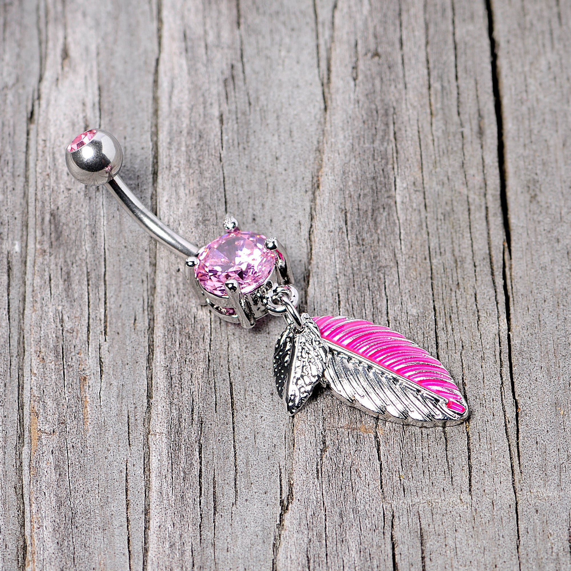 BodyCandy Pink Gem Feathers Southwestern Dangle Belly Ring — side view