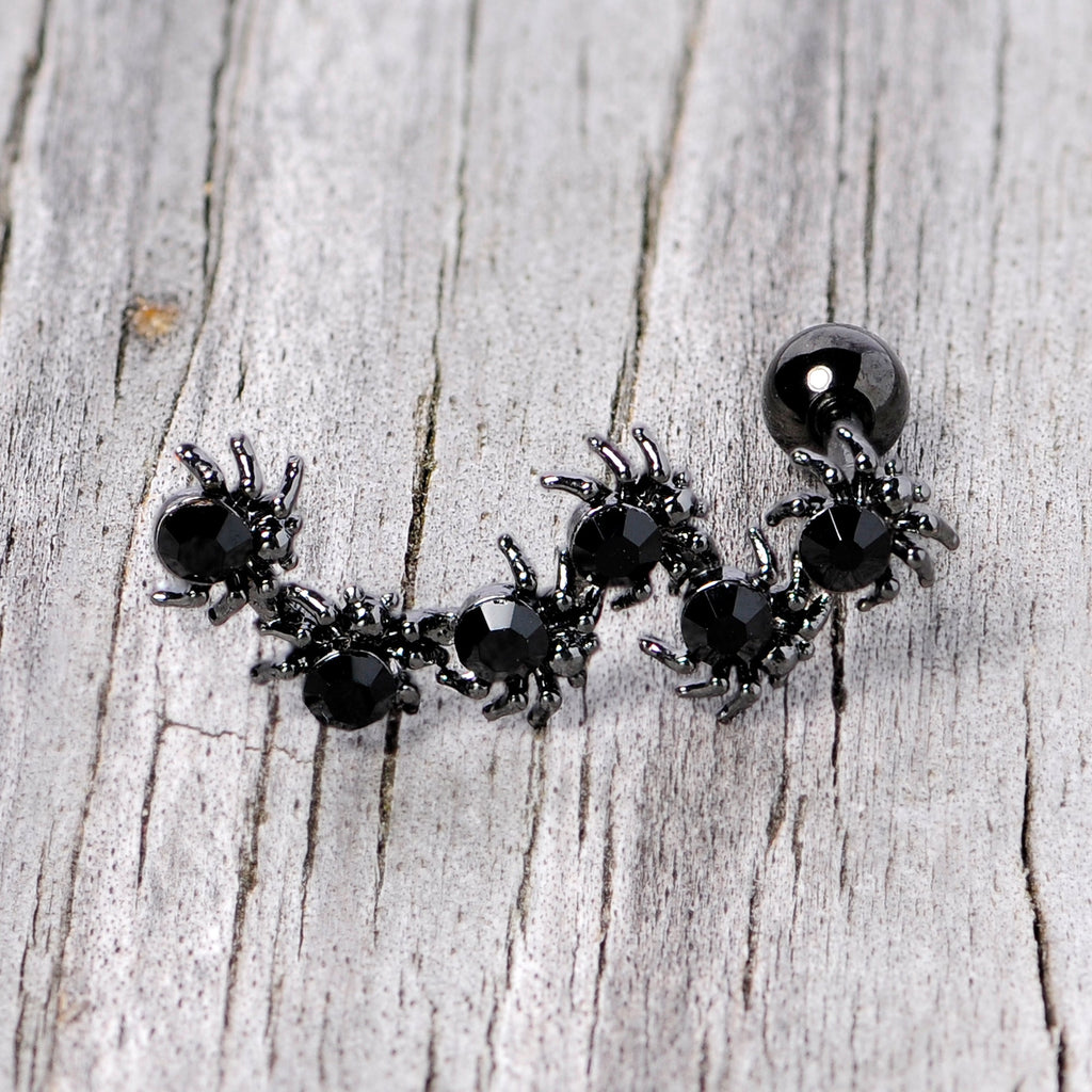 BodyCandy 16G 1/4 Black CZ Gem Black Spider Halloween Cartilage Tragus — side view