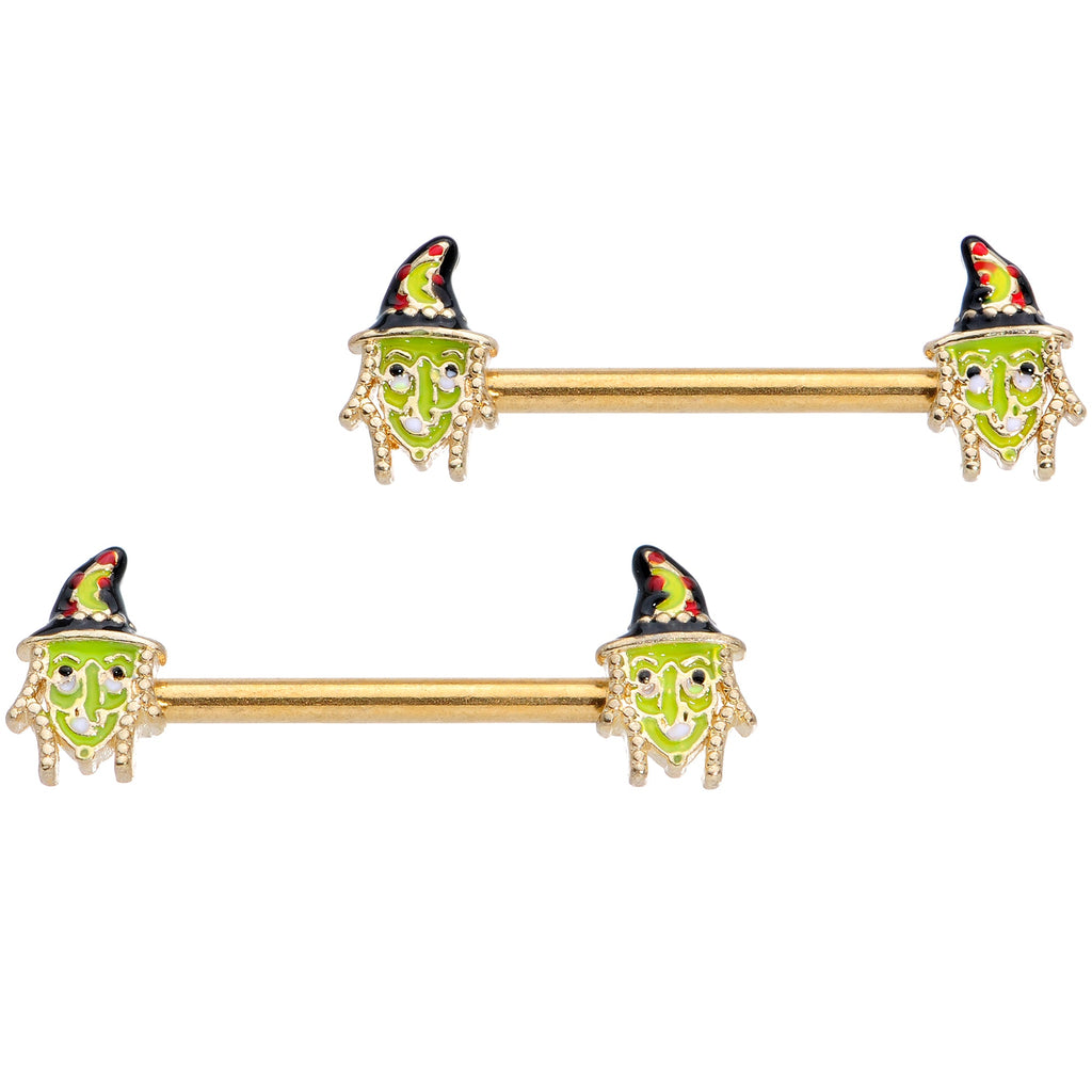 BodyCandy 14G 9/16 Gold Tone Witch Halloween Barbell Nipple Ring Set — main product shot
