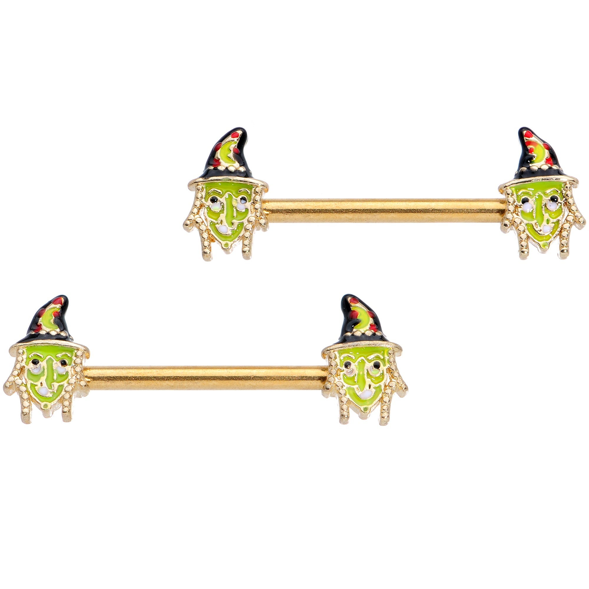 BodyCandy 14G 9/16 Gold Tone Witch Halloween Barbell Nipple Ring Set — main product shot