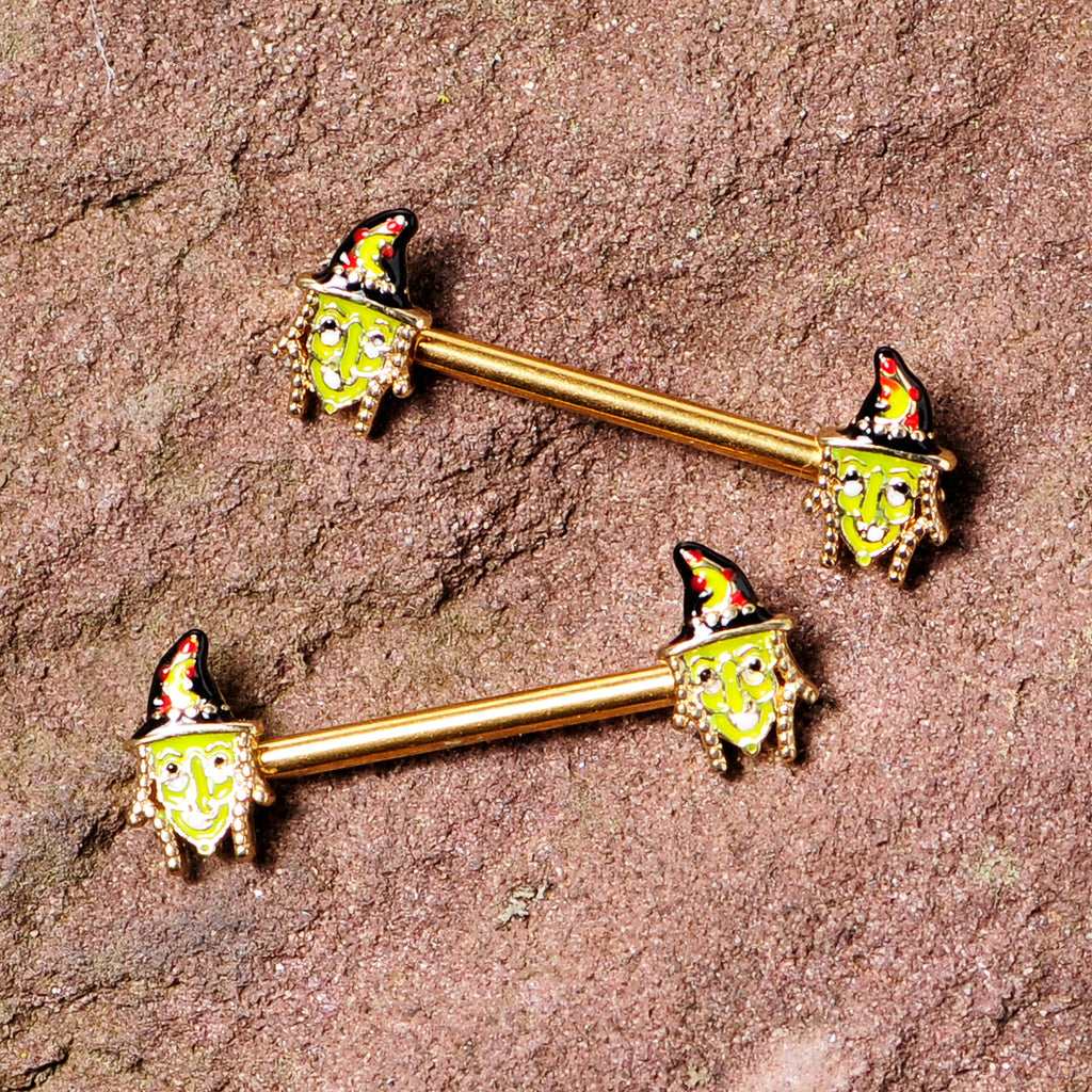 BodyCandy 14G 9/16 Gold Tone Witch Halloween Barbell Nipple Ring Set — detail close-up
