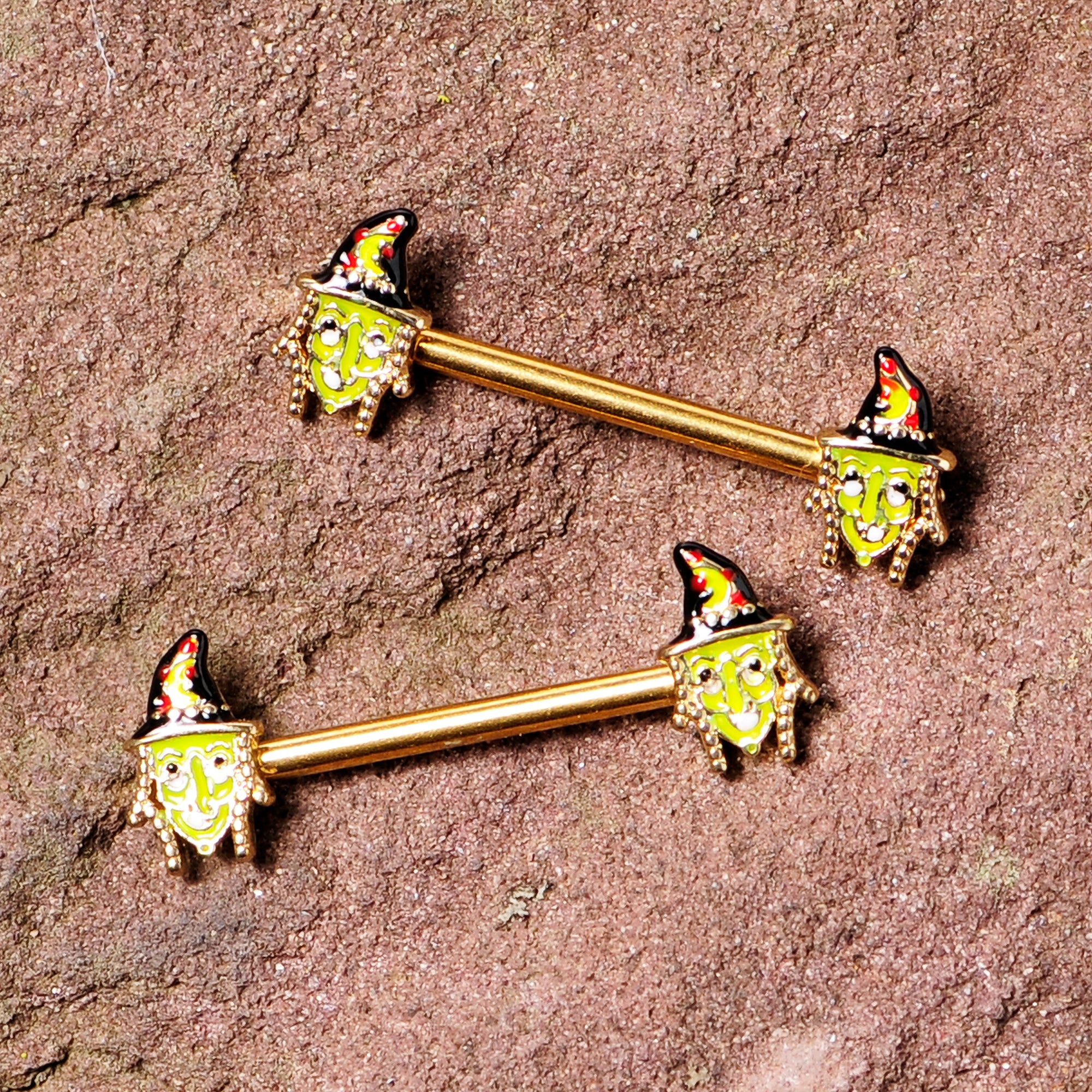 BodyCandy 14G 9/16 Gold Tone Witch Halloween Barbell Nipple Ring Set — detail close-up
