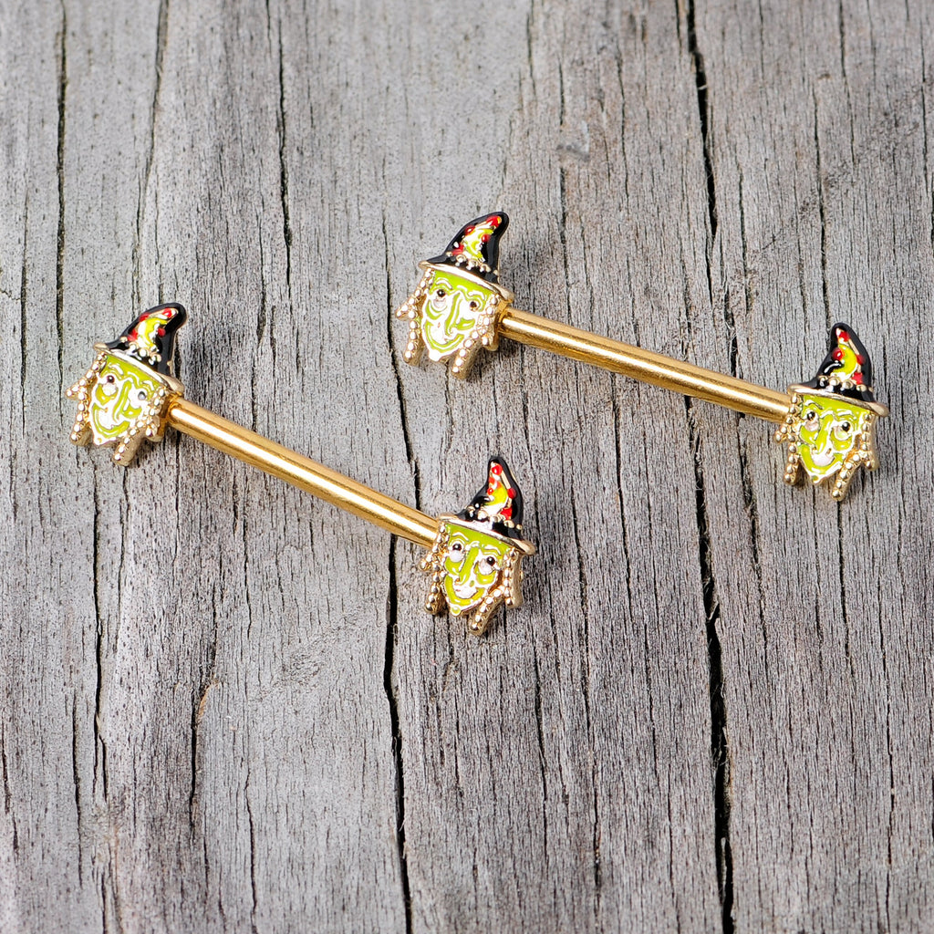 BodyCandy 14G 9/16 Gold Tone Witch Halloween Barbell Nipple Ring Set — lifestyle context