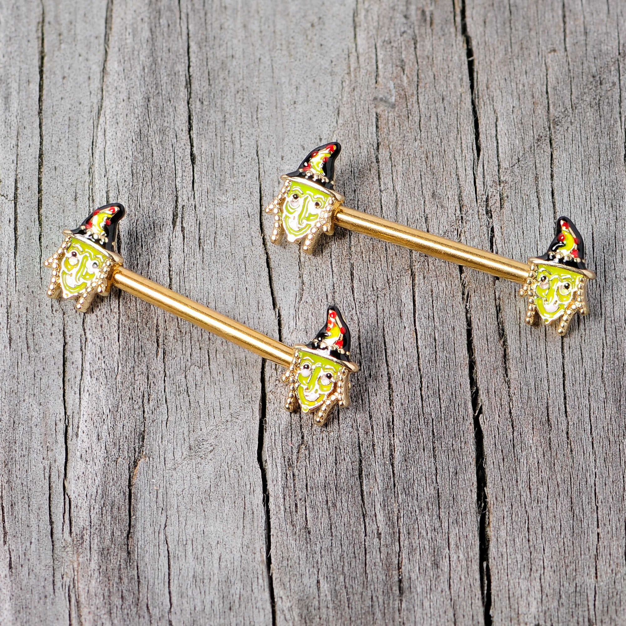 BodyCandy 14G 9/16 Gold Tone Witch Halloween Barbell Nipple Ring Set — lifestyle context