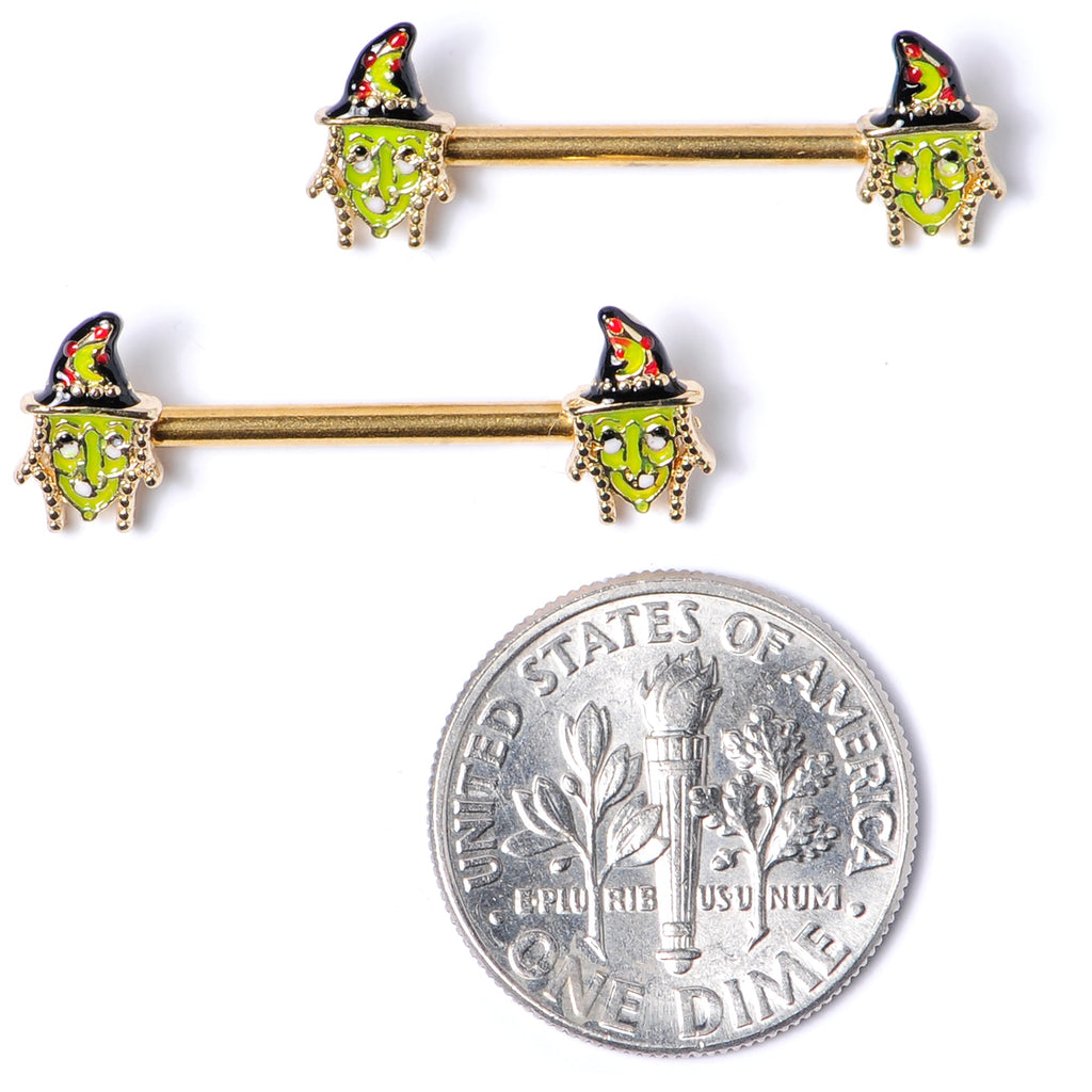 BodyCandy 14G 9/16 Gold Tone Witch Halloween Barbell Nipple Ring Set — back view