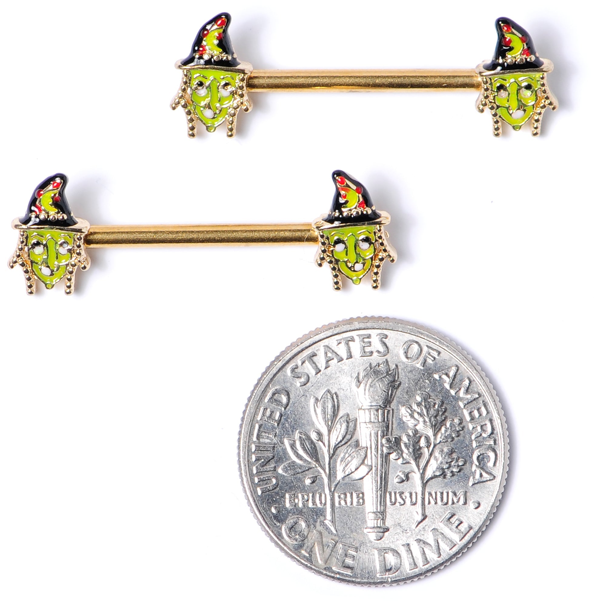 BodyCandy 14G 9/16 Gold Tone Witch Halloween Barbell Nipple Ring Set — back view