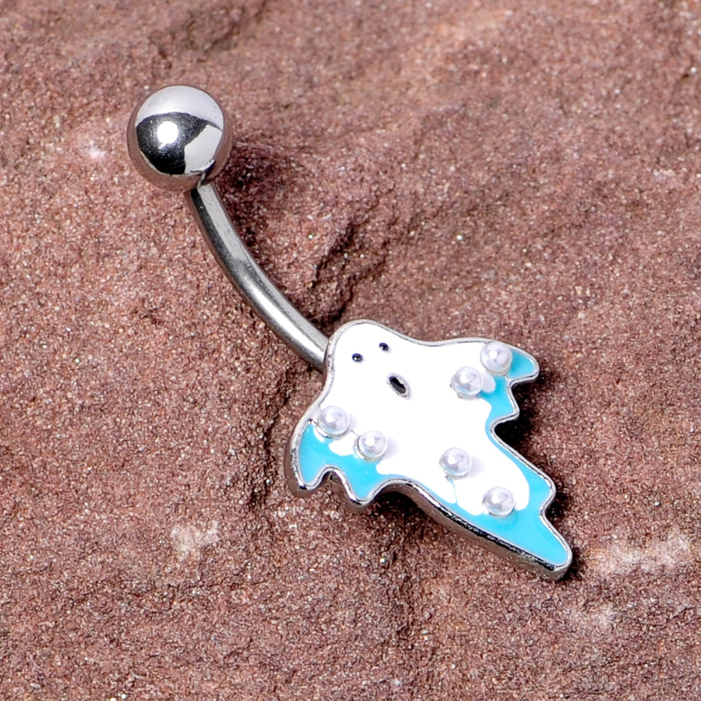 BodyCandy White Orb White Blue Ghost Halloween Belly Ring — detail close-up