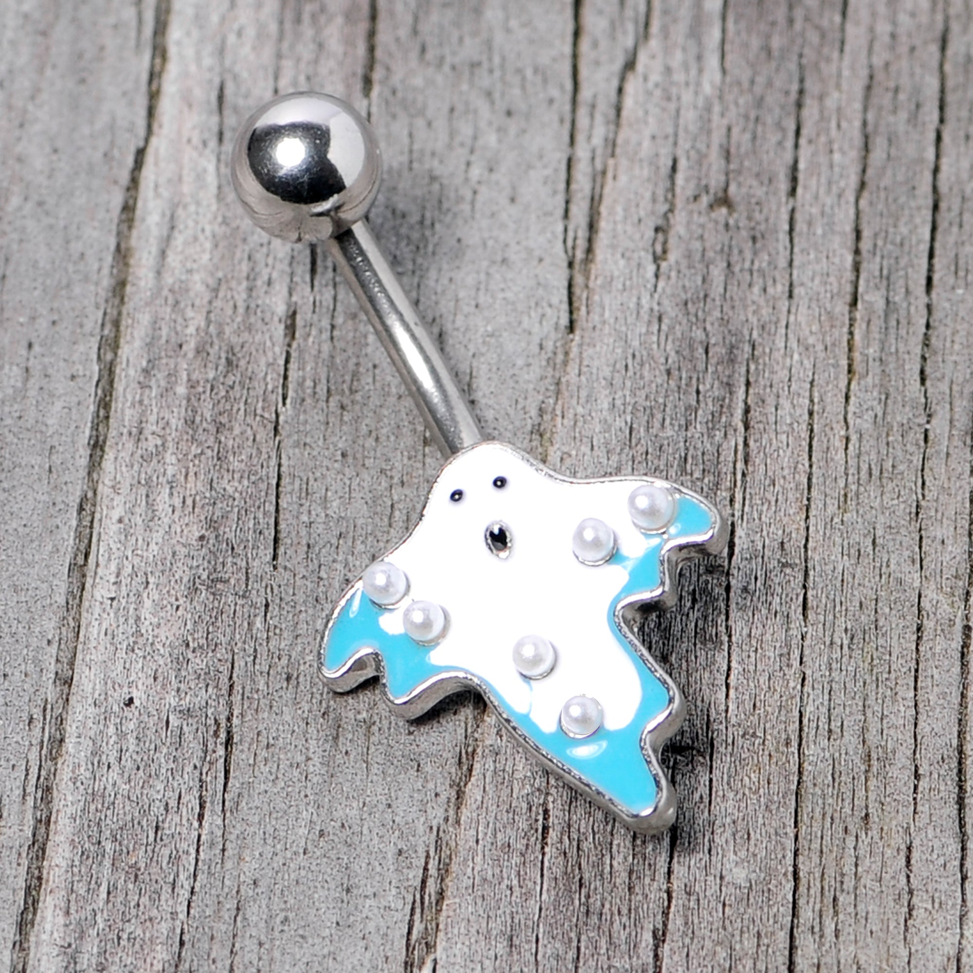 BodyCandy White Orb White Blue Ghost Halloween Belly Ring — side view
