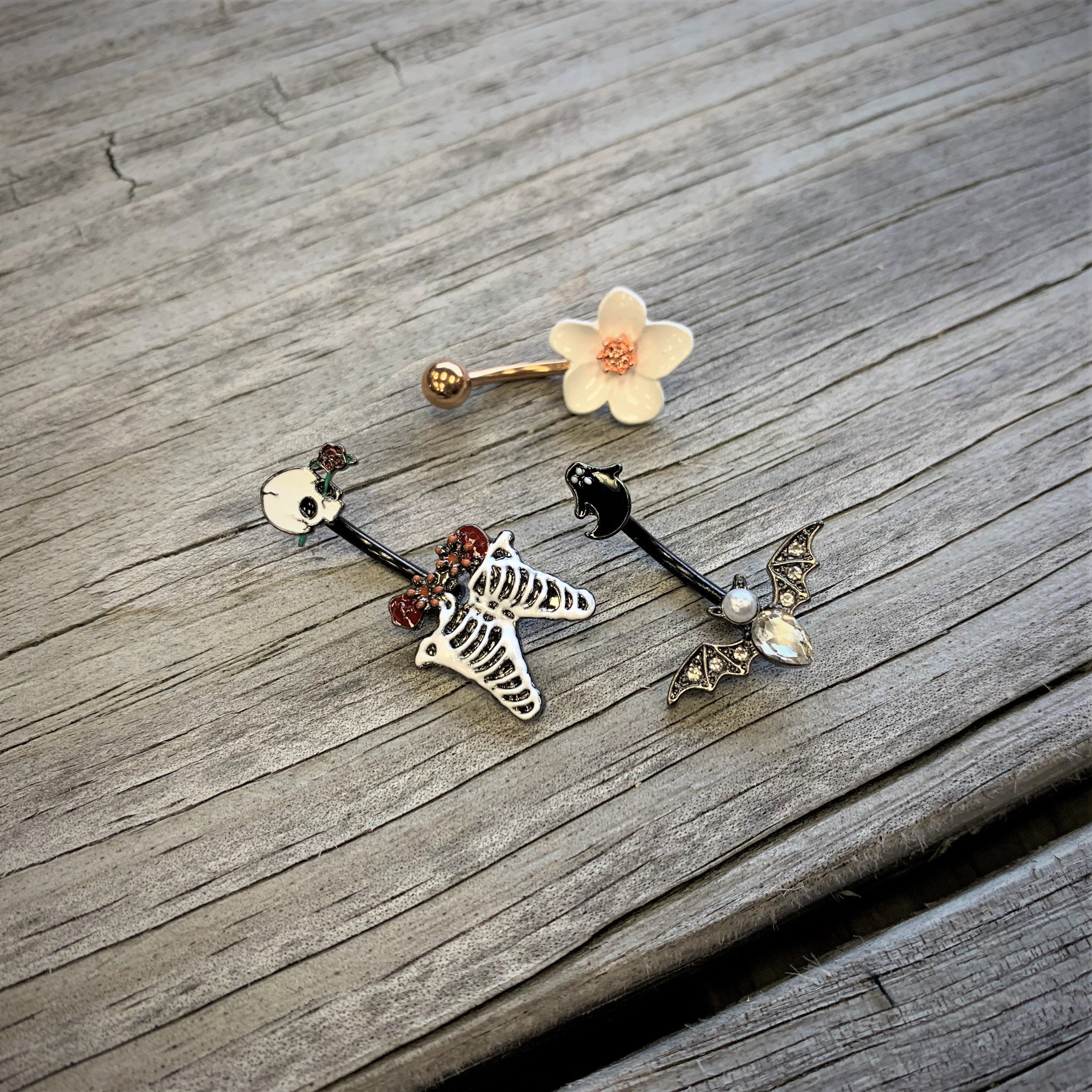 BodyCandy Black Skeleton Skull Rose Halloween Double Mount Belly Ring — lifestyle context