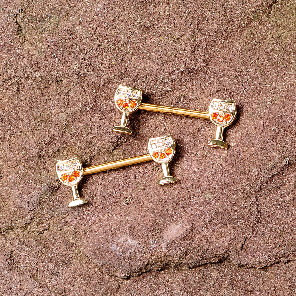 BodyCandy 14G 9/16 Orange Gem Gold Tone Holiday Wine Nipple Ring Set — side view