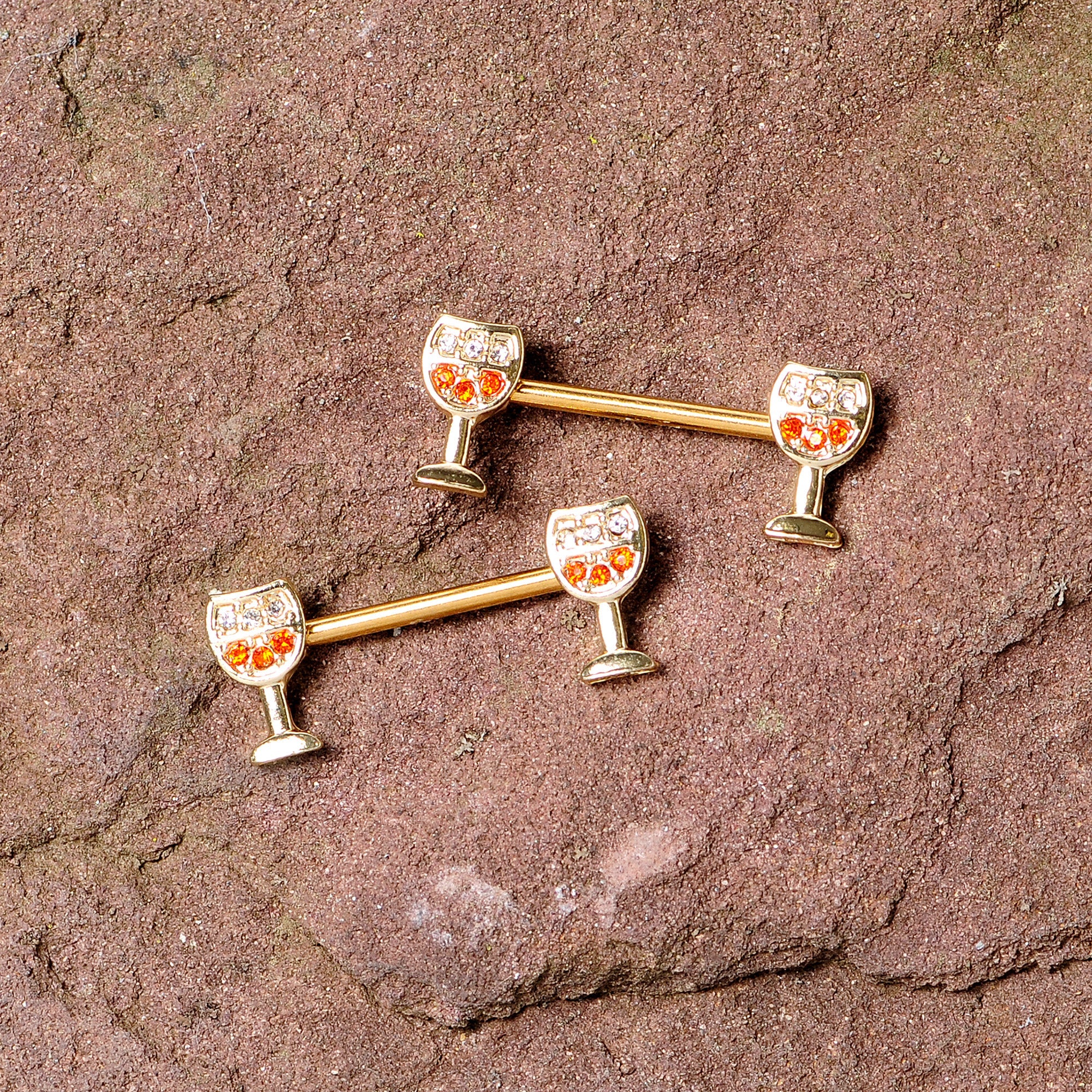 BodyCandy 14G 9/16 Orange Gem Gold Tone Holiday Wine Nipple Ring Set — side view
