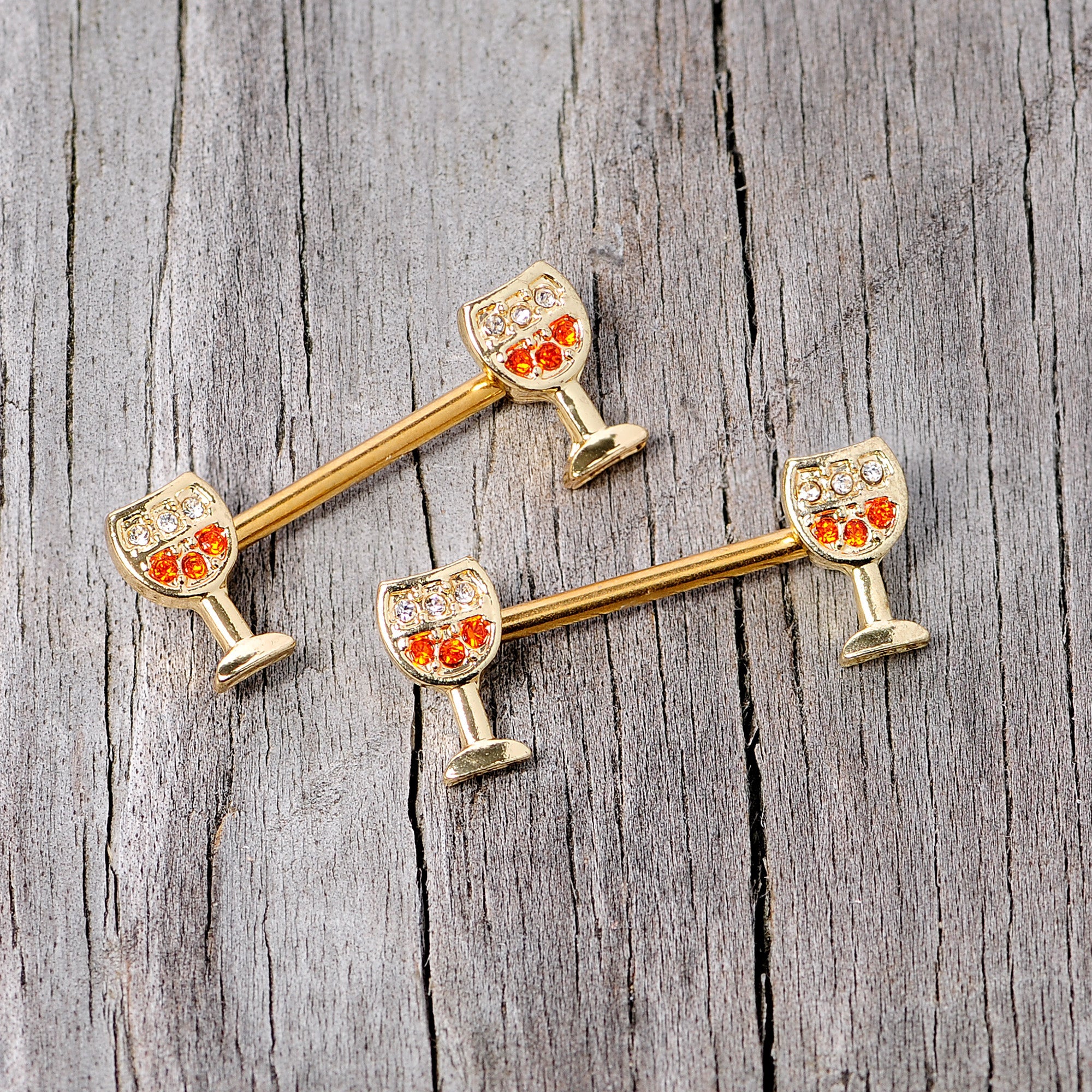 BodyCandy 14G 9/16 Orange Gem Gold Tone Holiday Wine Nipple Ring Set — back view