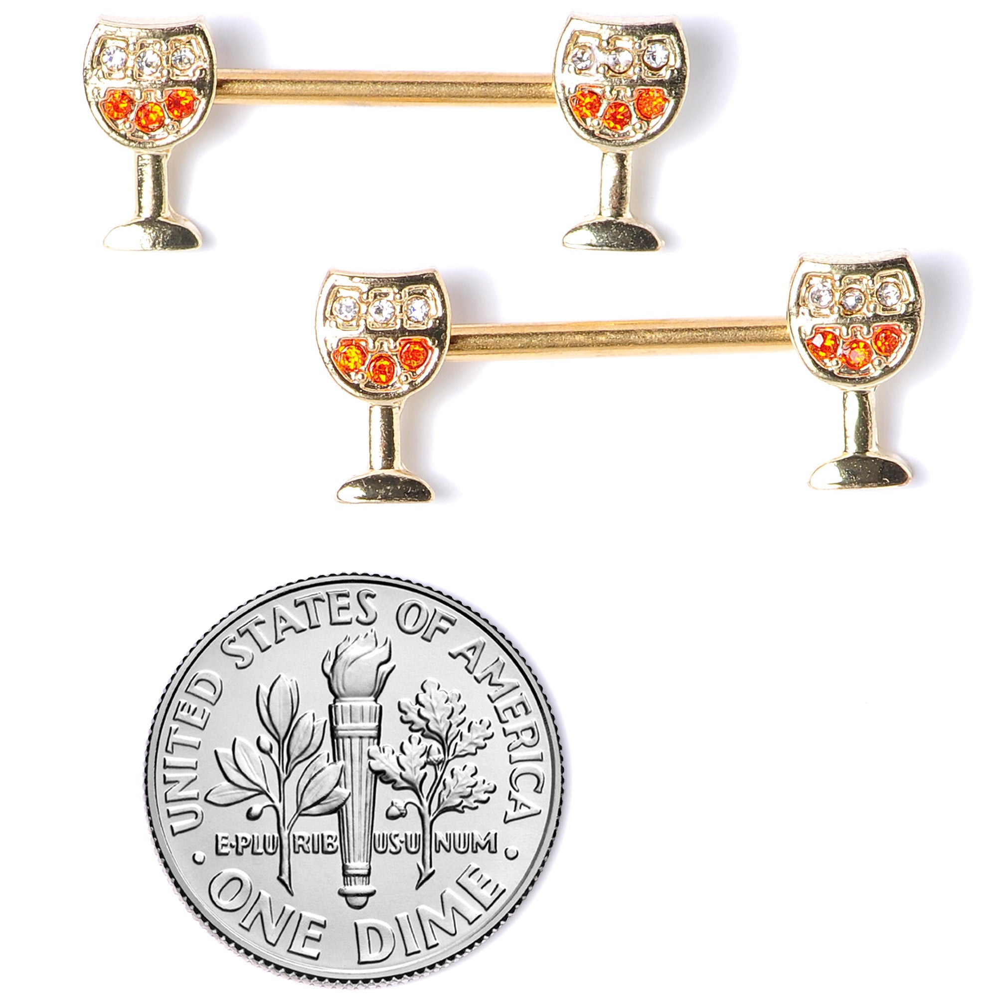 BodyCandy 14G 9/16 Orange Gem Gold Tone Holiday Wine Nipple Ring Set — in-use photo