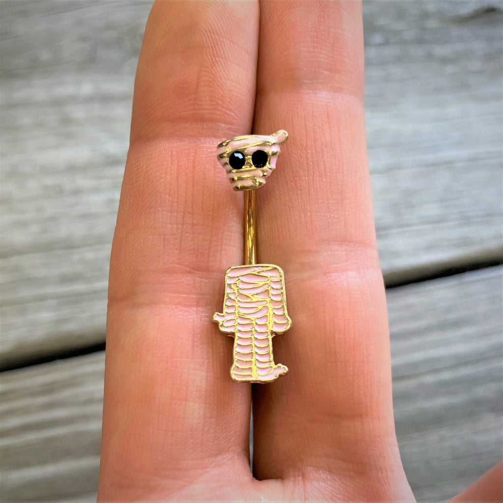 BodyCandy Black Gem Gold Tone Mummy Halloween Double Mount Belly Ring — detail close-up