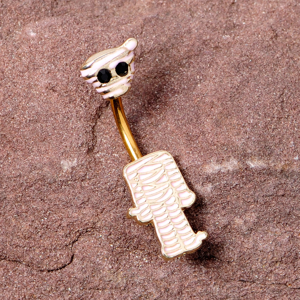 BodyCandy Black Gem Gold Tone Mummy Halloween Double Mount Belly Ring — side view