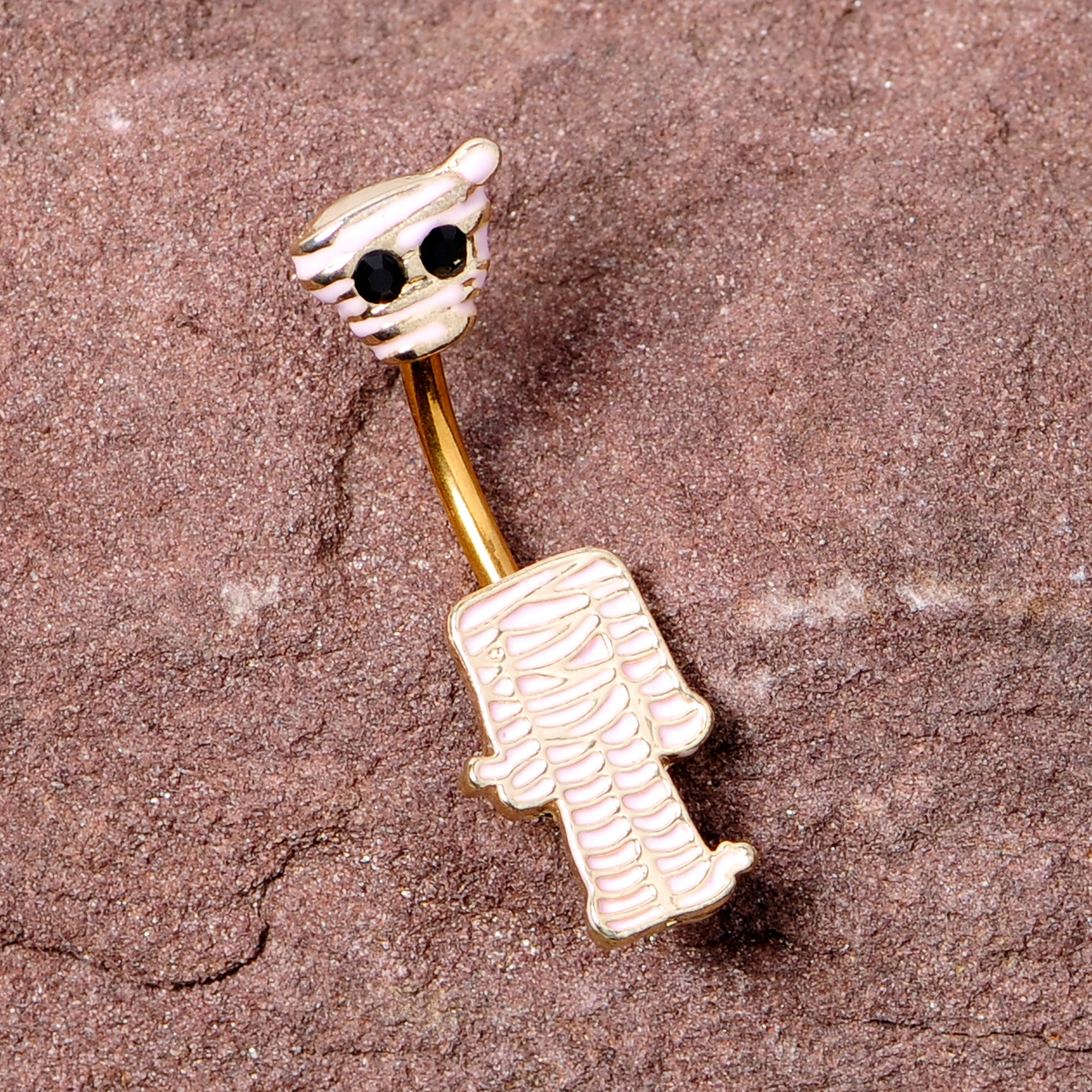 BodyCandy Black Gem Gold Tone Mummy Halloween Double Mount Belly Ring — side view