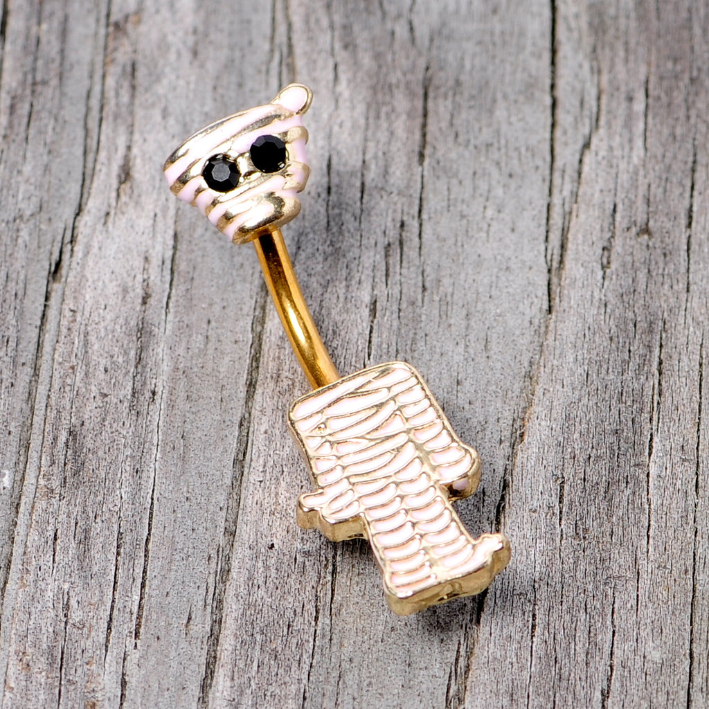 BodyCandy Black Gem Gold Tone Mummy Halloween Double Mount Belly Ring — back view
