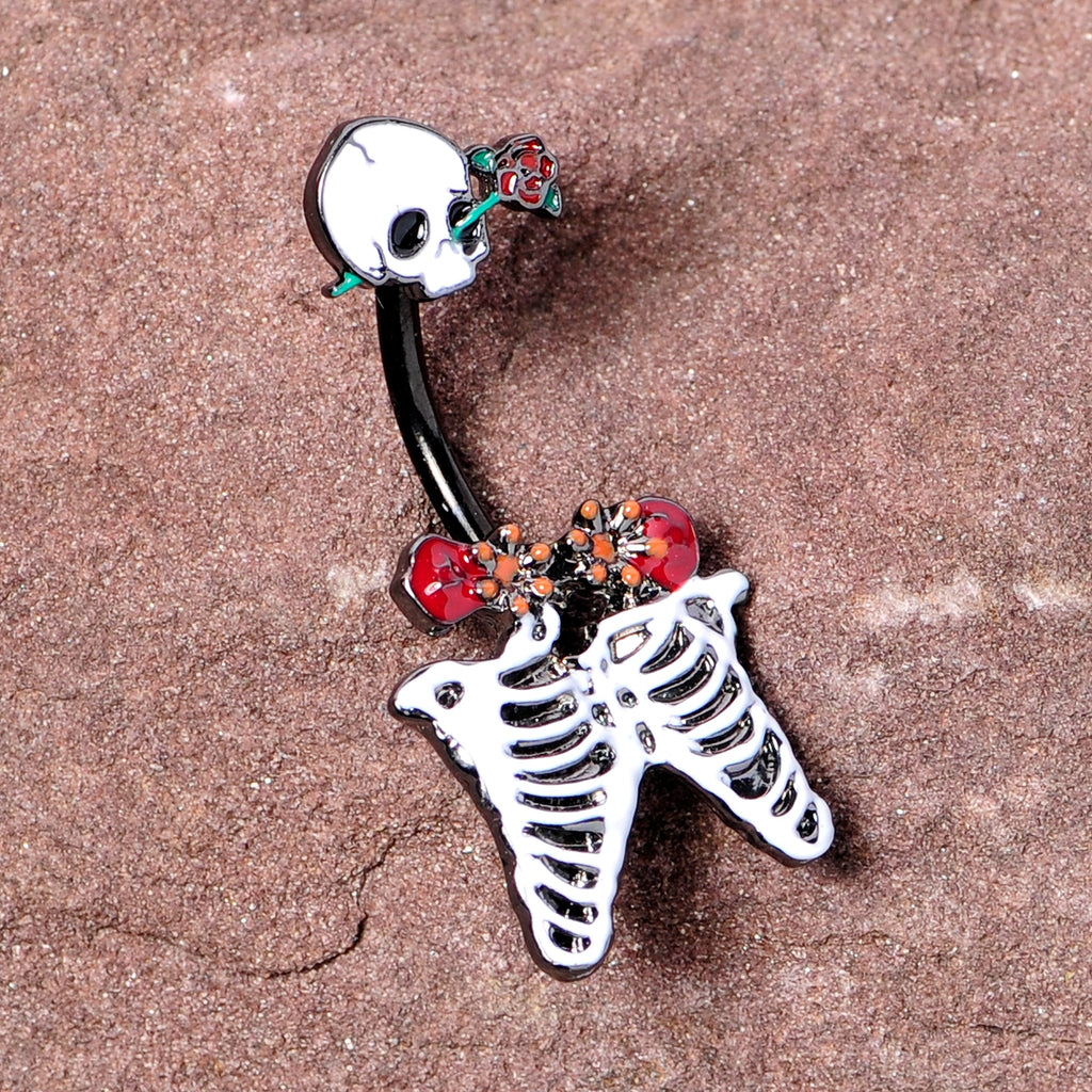 BodyCandy Black Skeleton Skull Rose Halloween Double Mount Belly Ring — side view