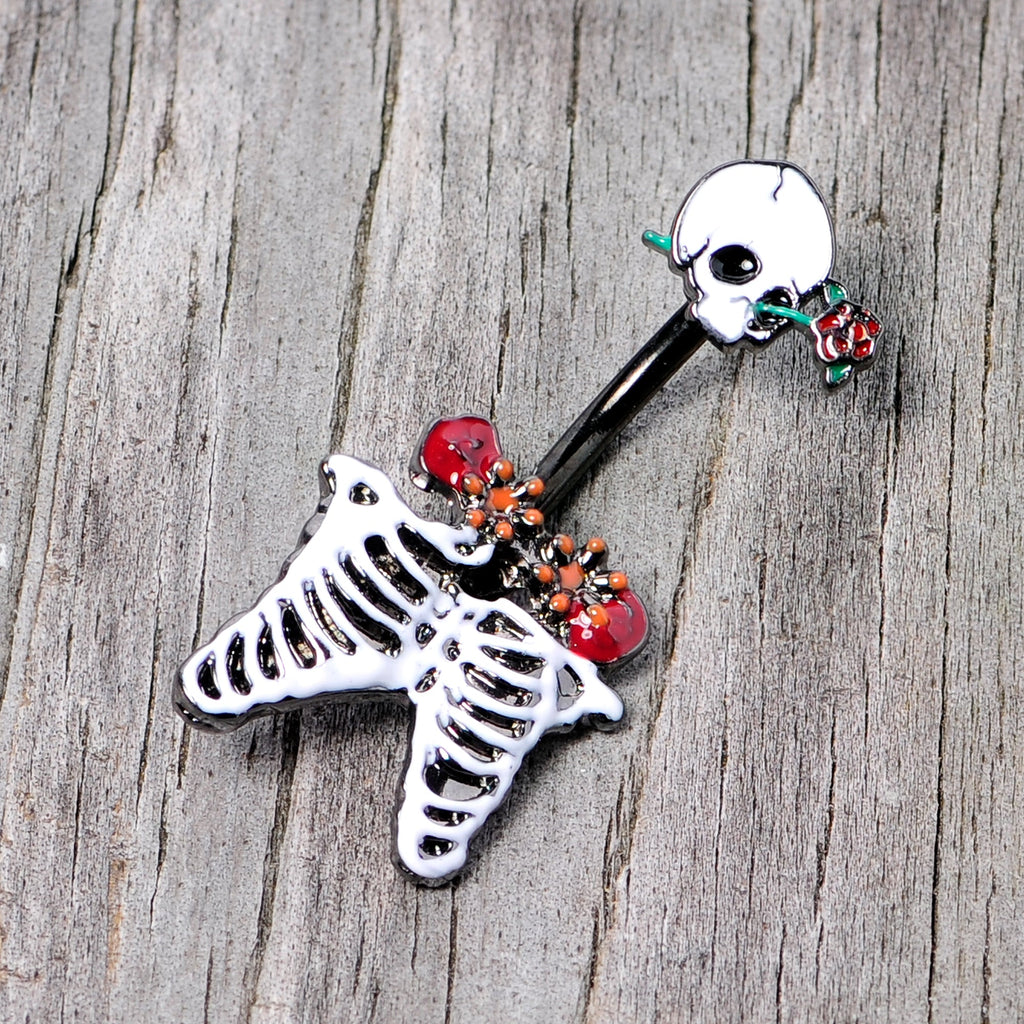 BodyCandy Black Skeleton Skull Rose Halloween Double Mount Belly Ring — back view
