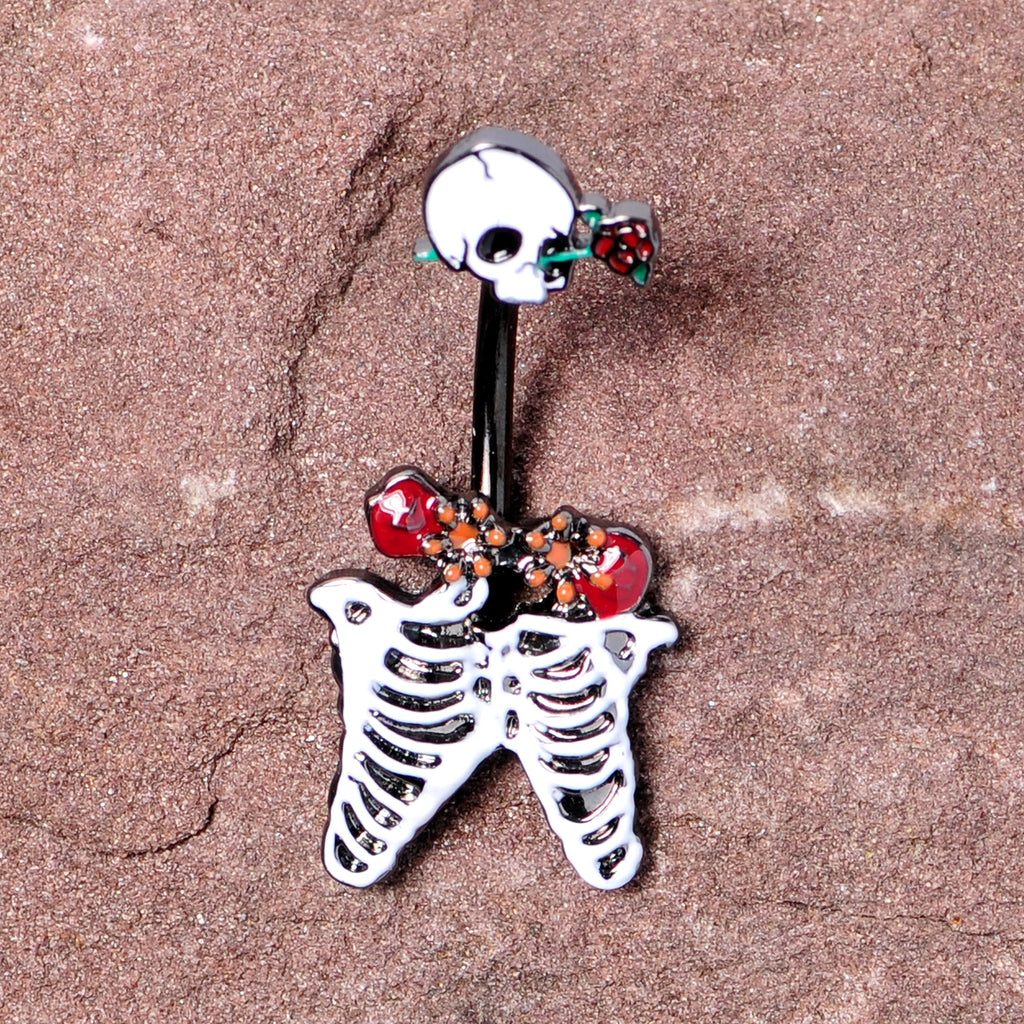 BodyCandy Black Skeleton Skull Rose Halloween Double Mount Belly Ring — alternative angle