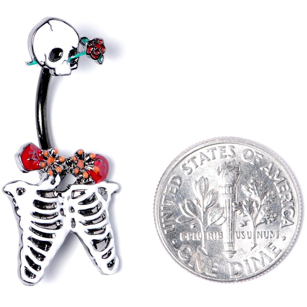 BodyCandy Black Skeleton Skull Rose Halloween Double Mount Belly Ring — in-use photo