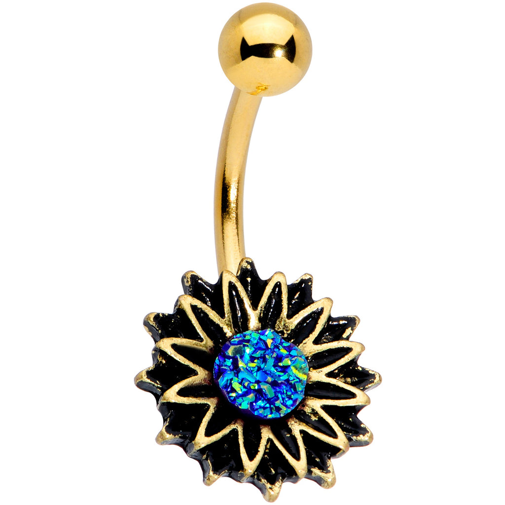 BodyCandy Gold Tone Aqua Center Sunburst Flower Belly Ring — main product shot