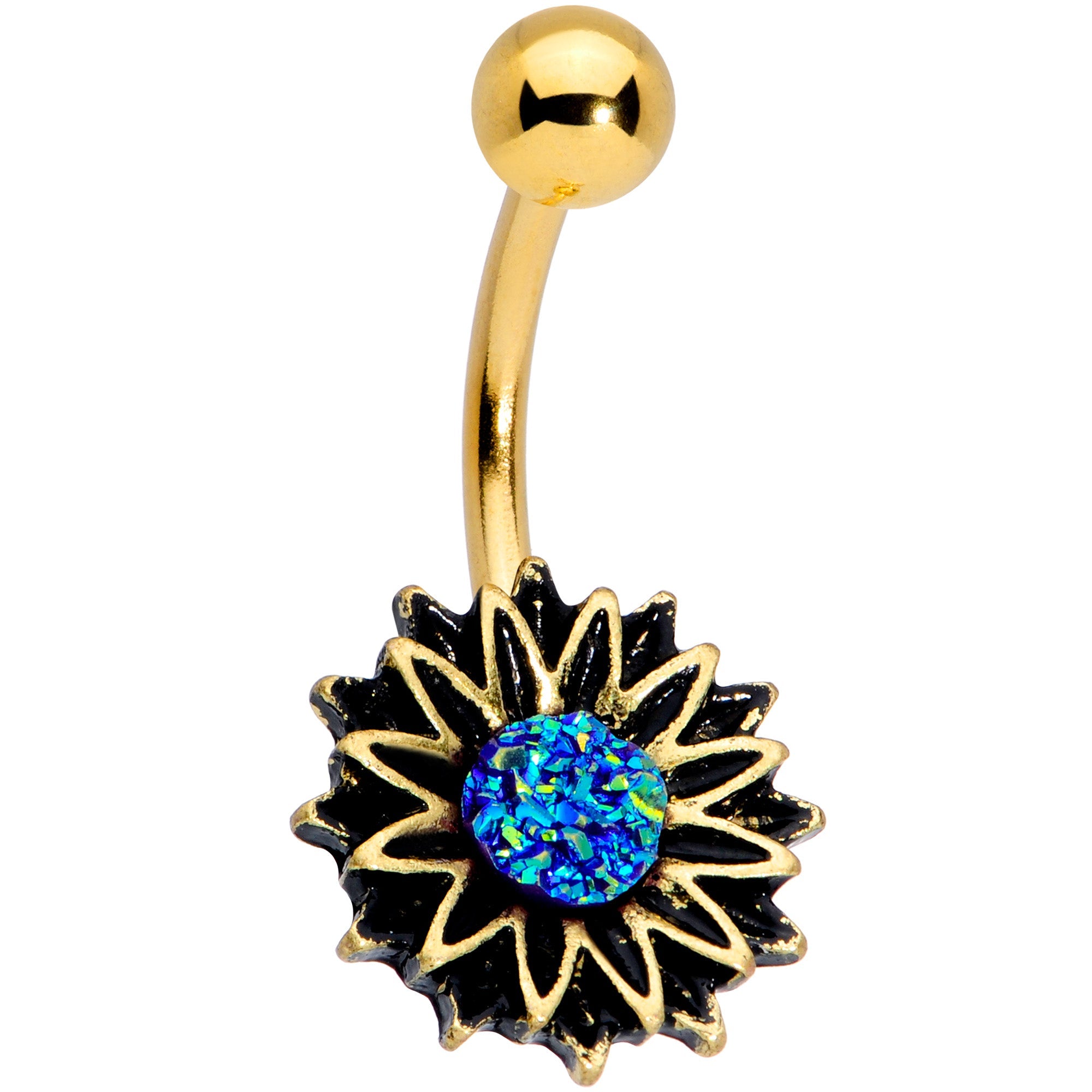 BodyCandy Gold Tone Aqua Center Sunburst Flower Belly Ring — main product shot