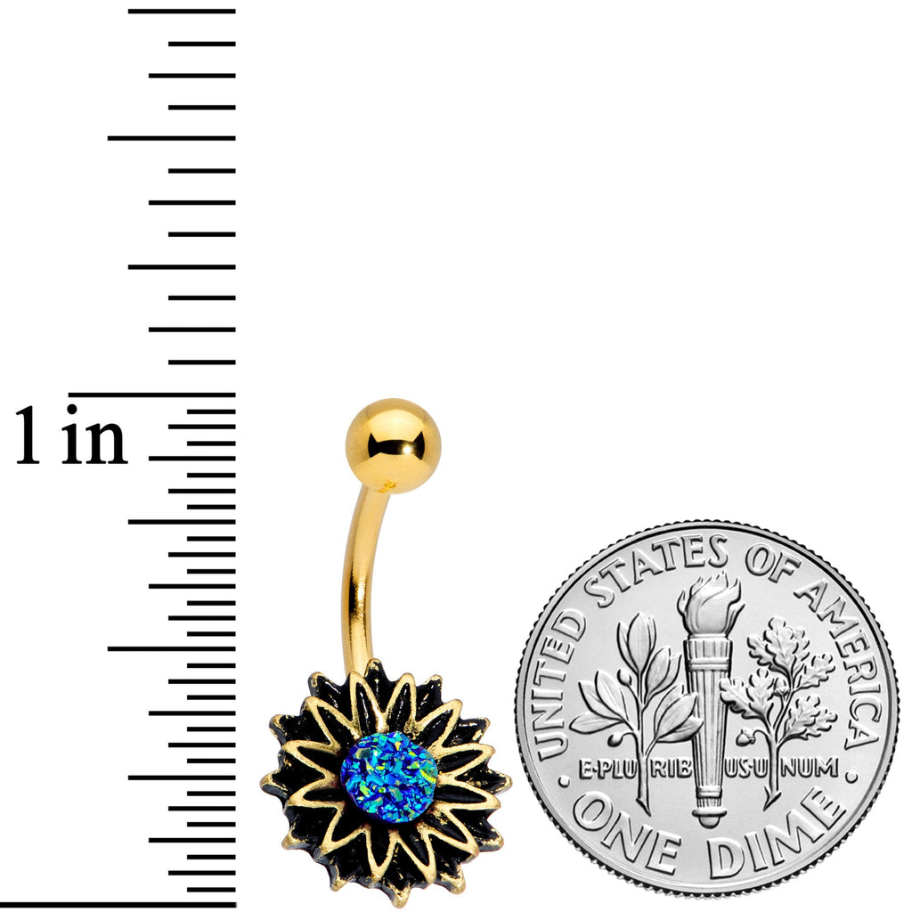 BodyCandy Gold Tone Aqua Center Sunburst Flower Belly Ring — side view