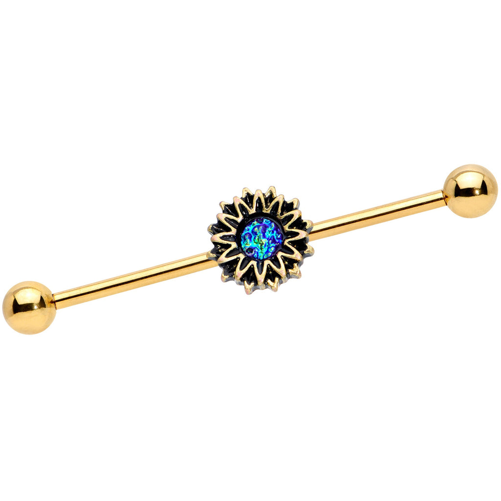BodyCandy 14G Aqua Gem Gold Tone Sunburst Flower Industrial Barbell 38mm — main product shot