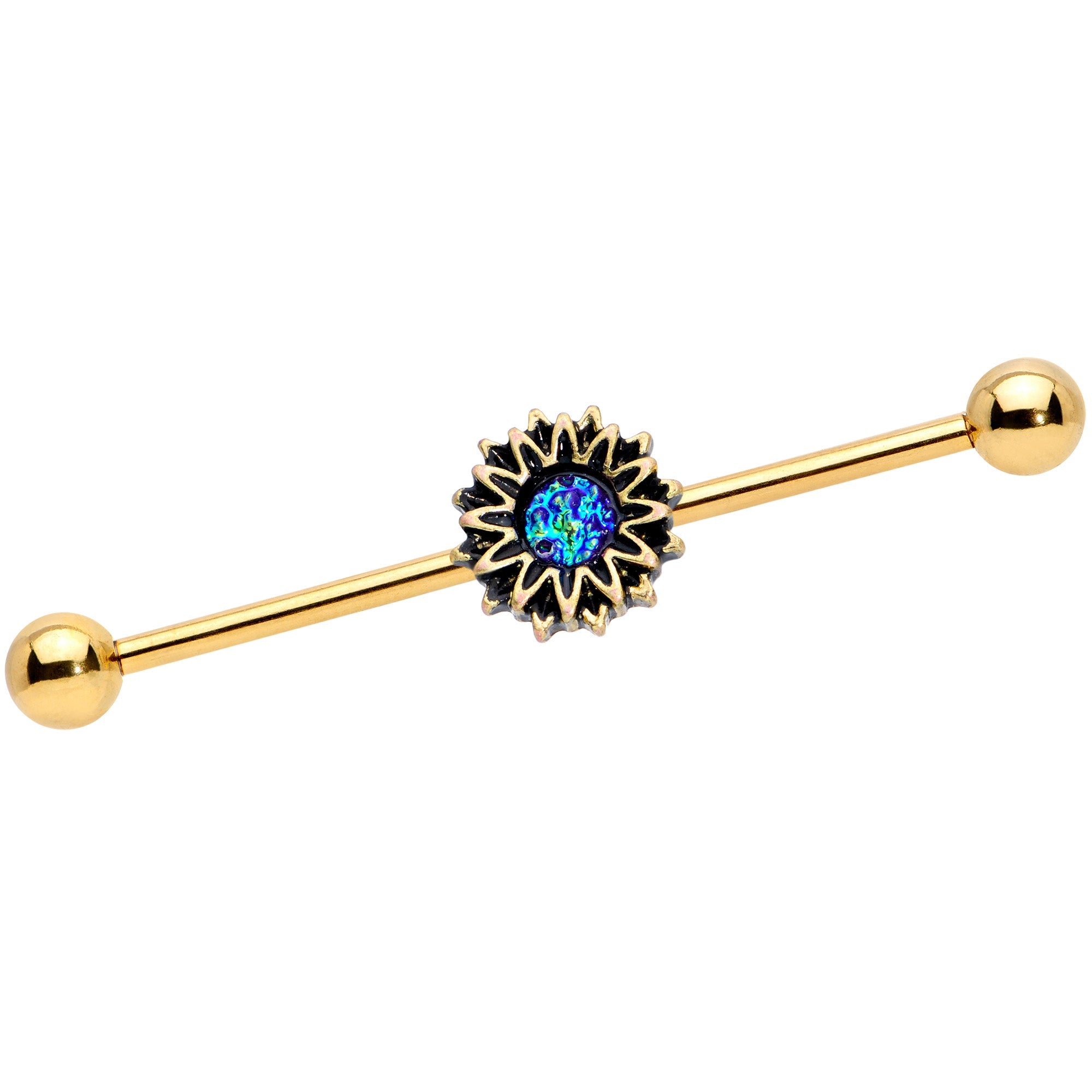 BodyCandy 14G Aqua Gem Gold Tone Sunburst Flower Industrial Barbell 38mm — main product shot