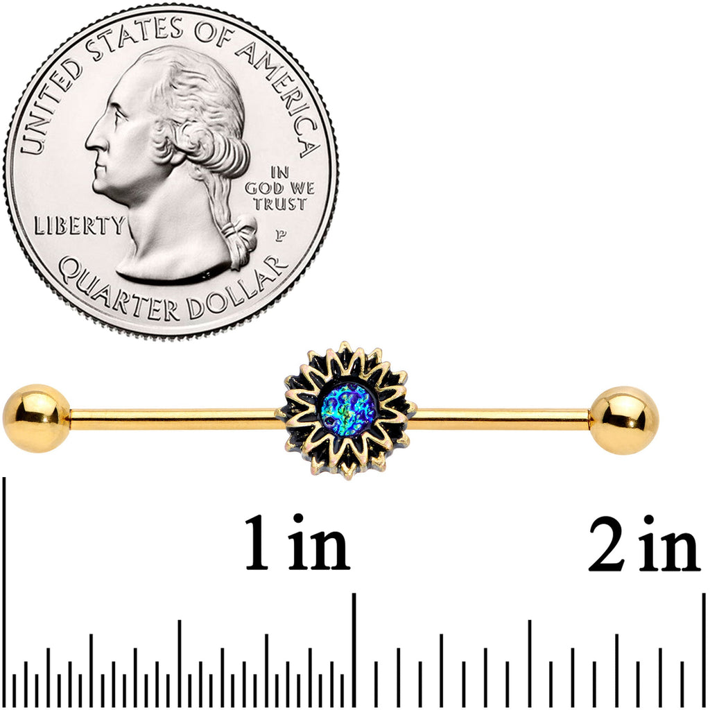 BodyCandy 14G Aqua Gem Gold Tone Sunburst Flower Industrial Barbell 38mm — detail close-up